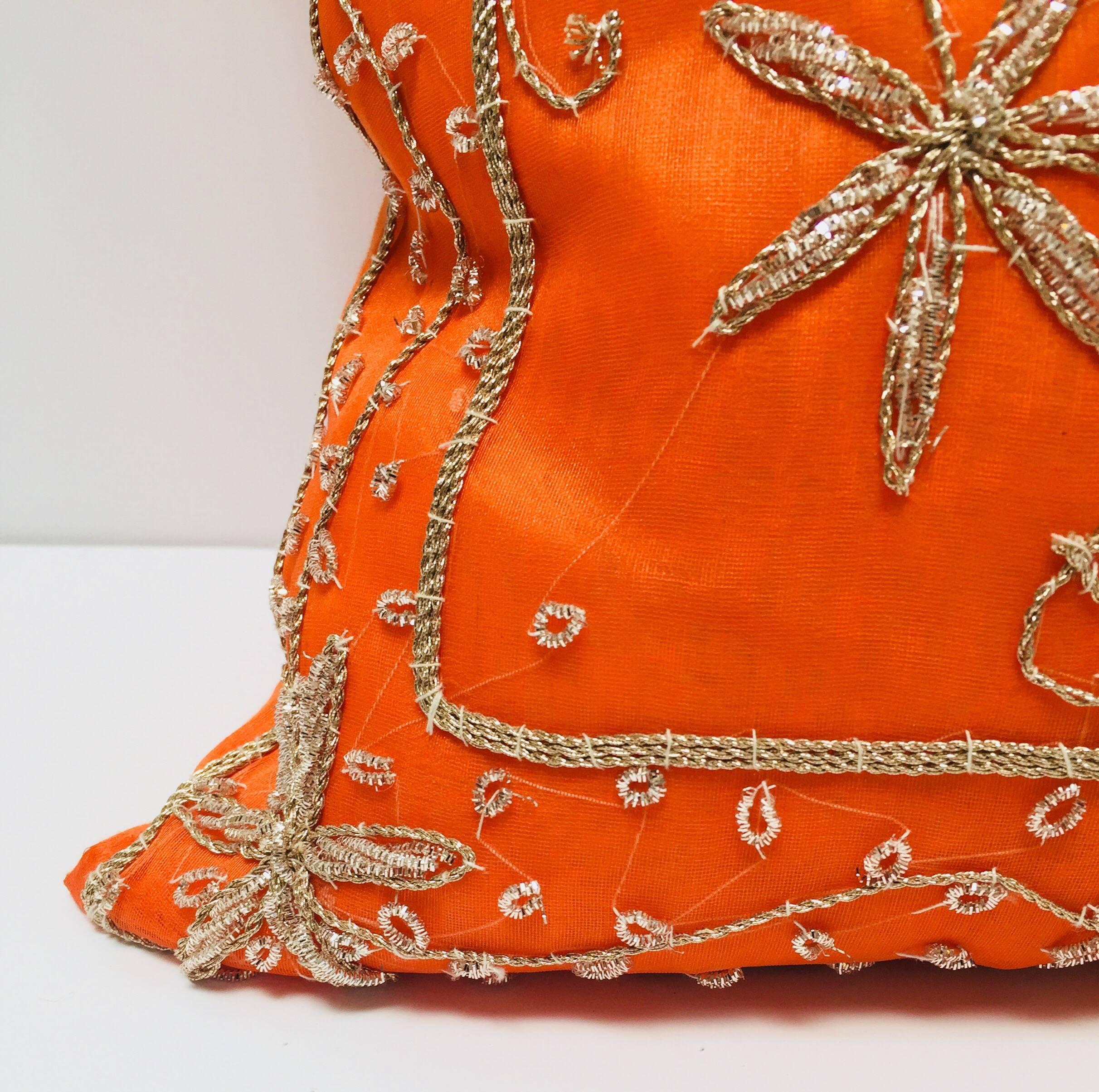 Throw Decorative Orange Accent Pillow Embellished with Sequins and Beads In Good Condition For Sale In North Hollywood, CA