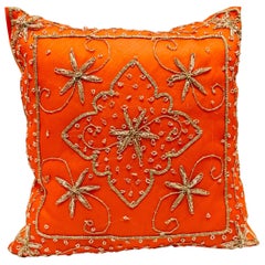 Vintage Throw Decorative Orange Accent Pillow Embellished with Sequins and Beads
