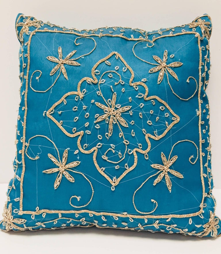 Throw Decorative Turquoise Moorish Pillow Embellished with Sequins and Beads  For Sale at 1stDibs