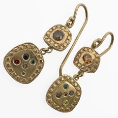 "Throw Pillow" Dangle Earrings in 14K Gold with Multicolored Diamonds & Sapphire