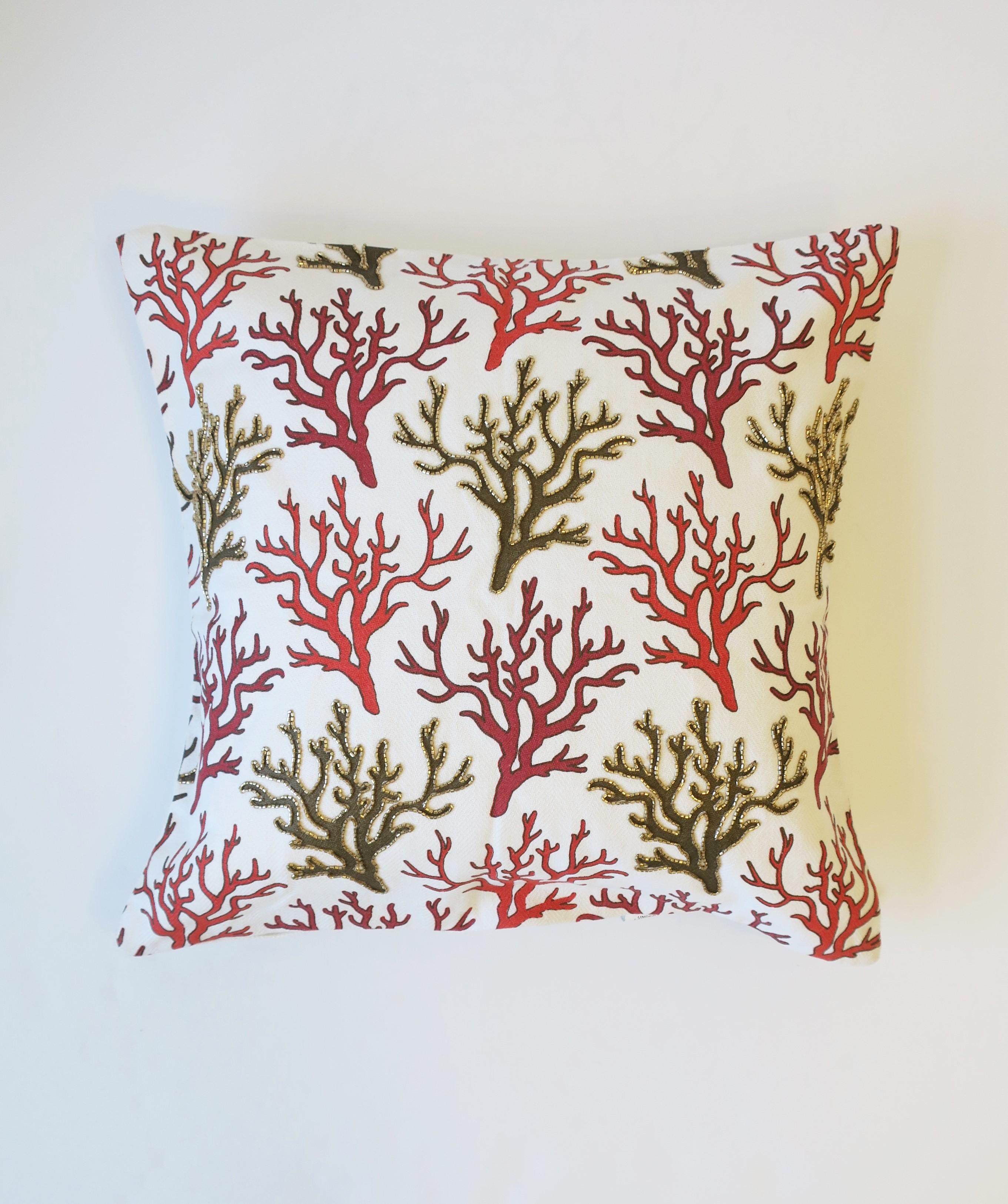 A great throw pillow with red and green sea coral design. Coral branches are outlined in glass bugle beads. Pillow is new. Dimensions: 4