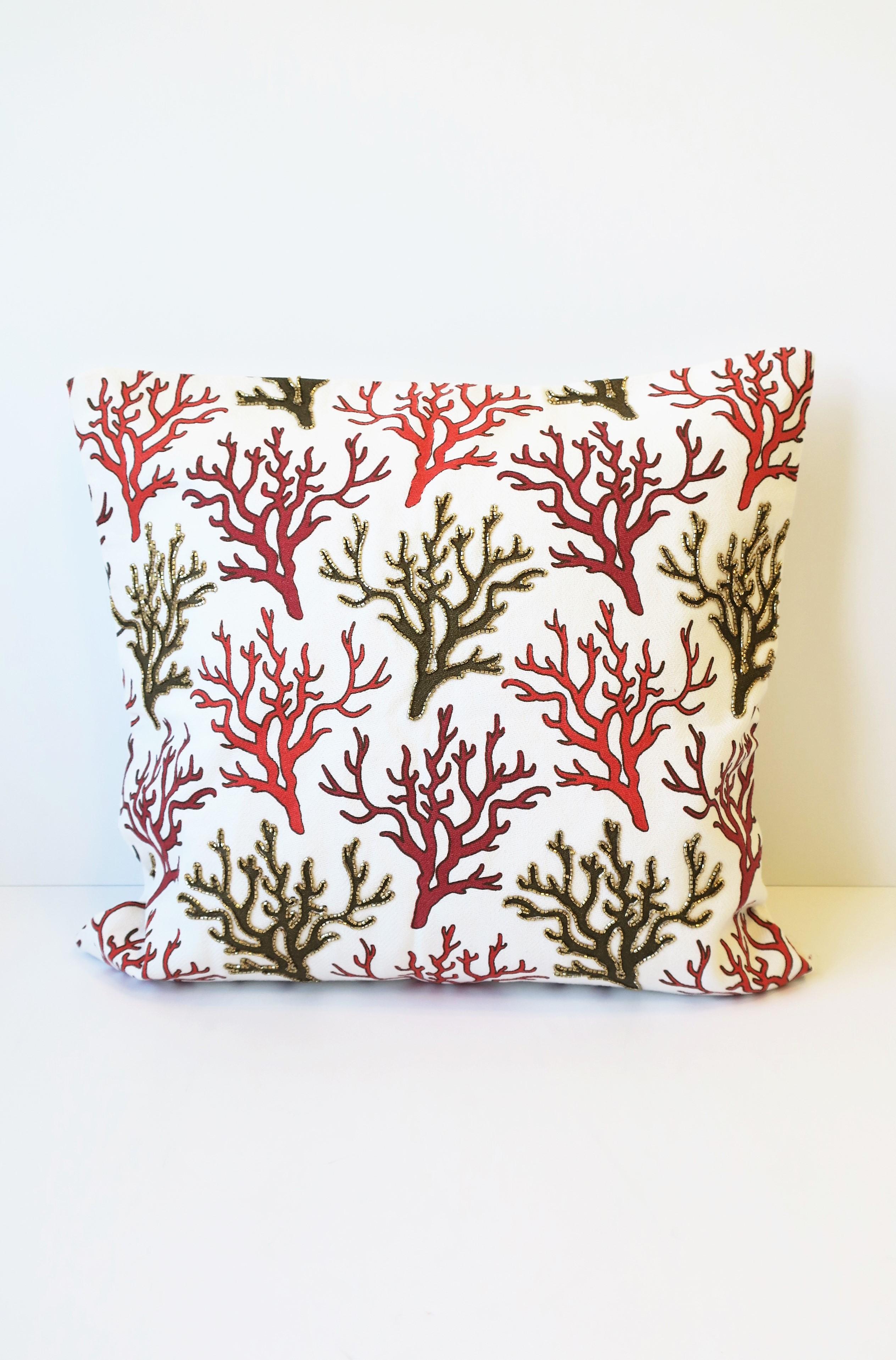 Contemporary Sea Coral Throw Pillow with Red and Green Bugle Beads For Sale