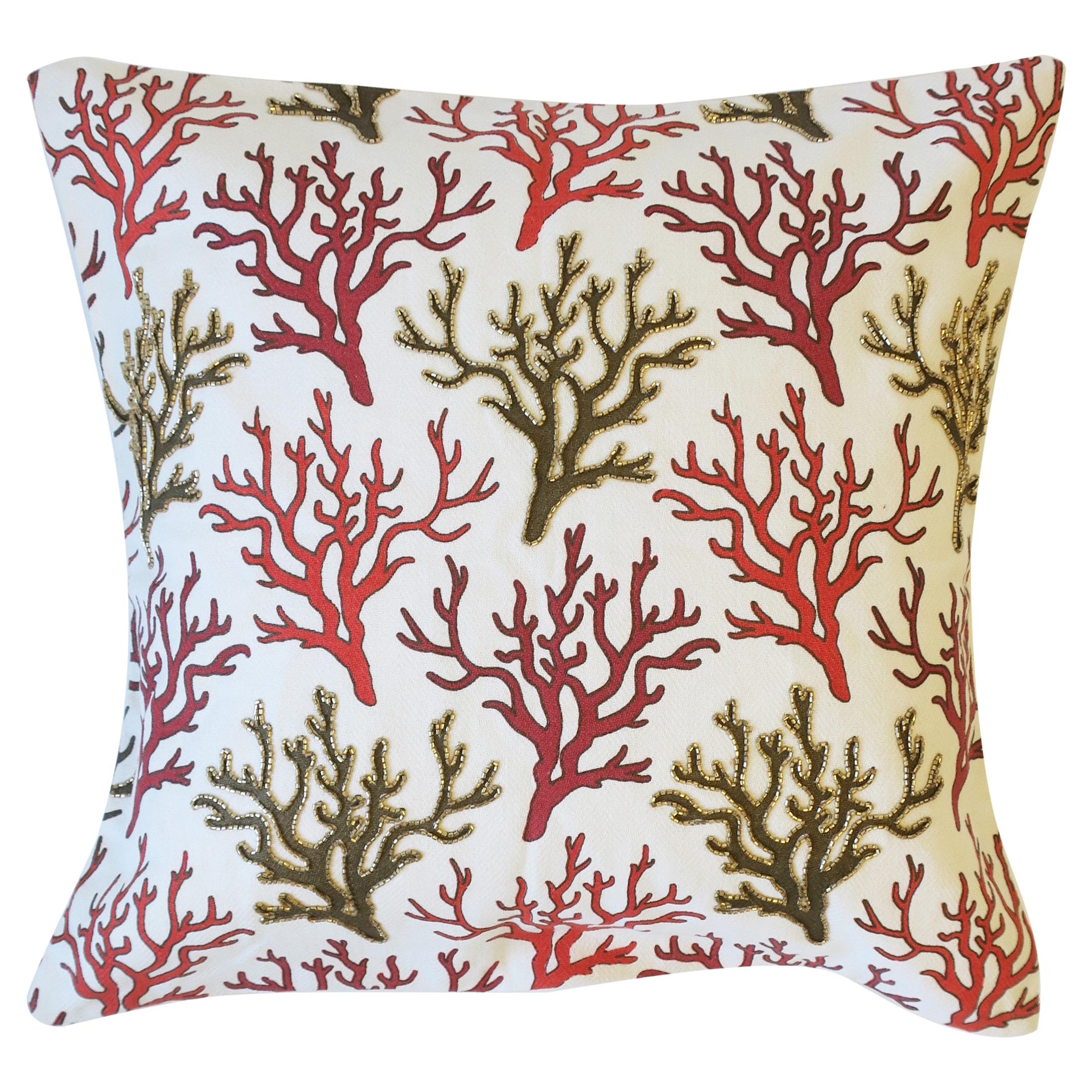 Sea Coral Throw Pillow with Red and Green Bugle Beads