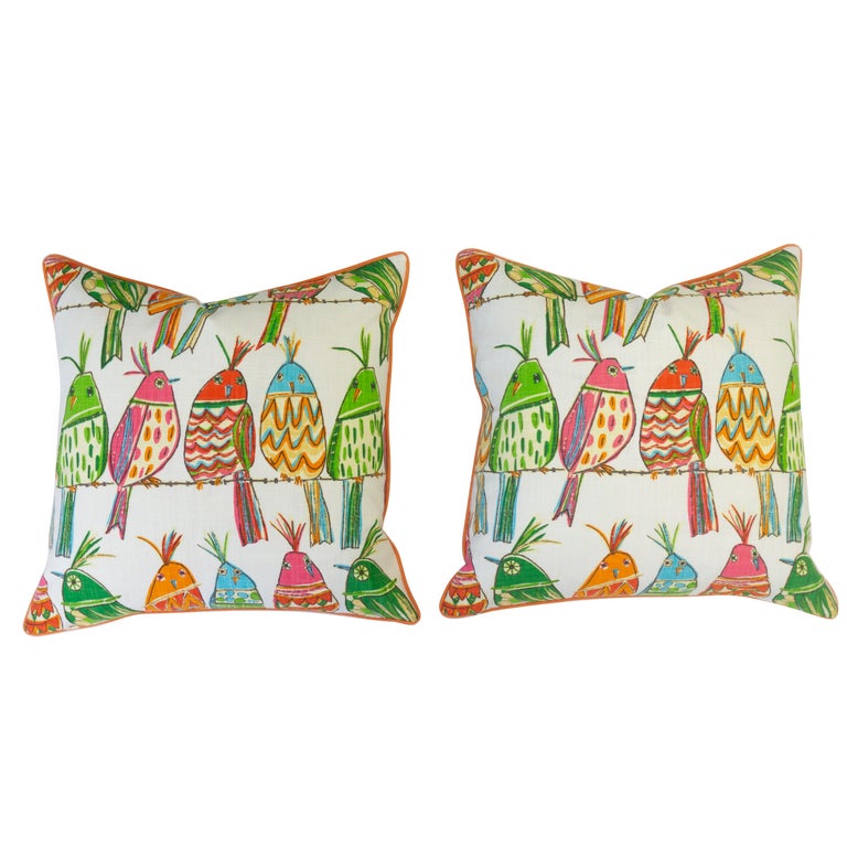Throw Pillows with Colorful Bird Print at 1stDibs