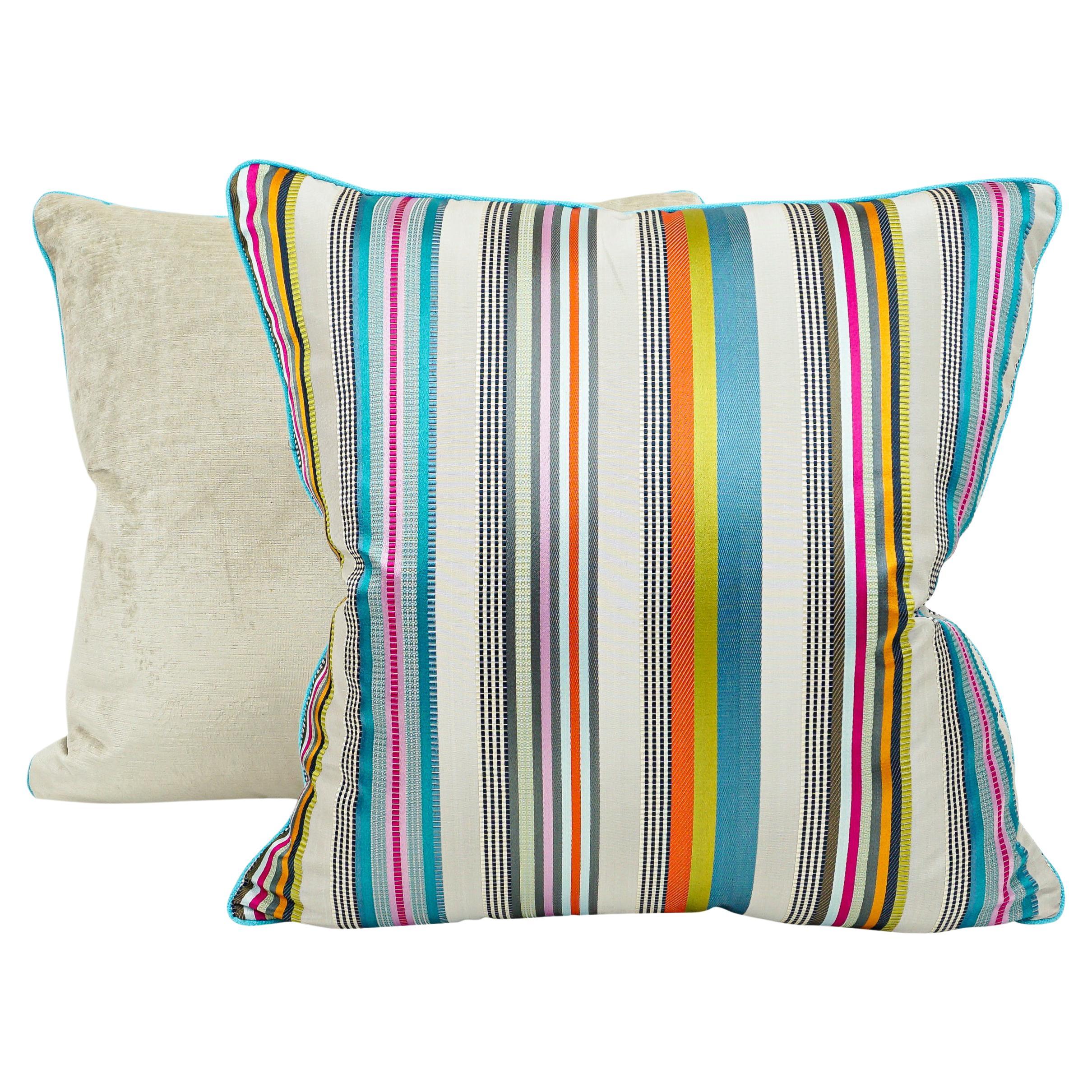 Throw Pillows with Colorful Satin Stripes For Sale