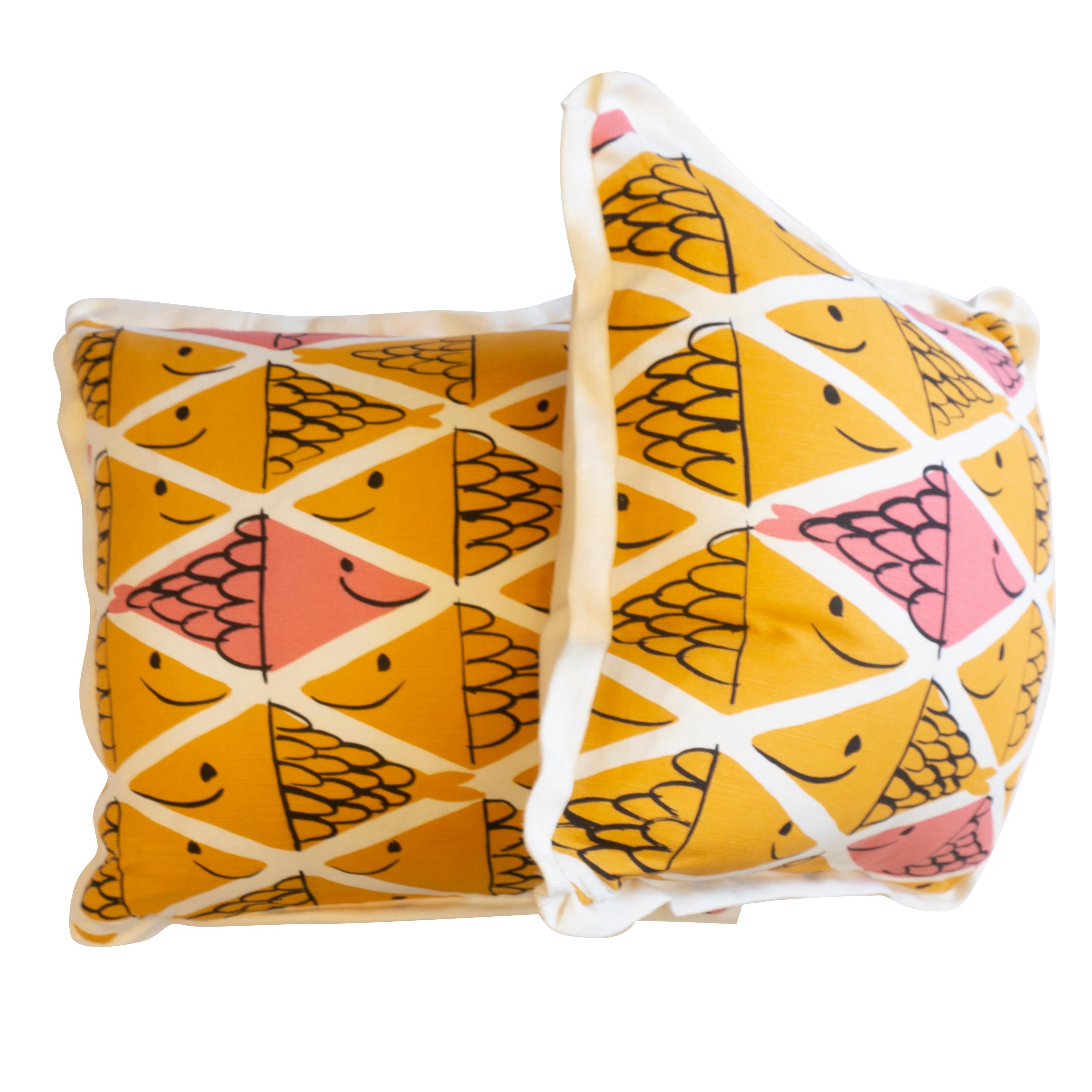 Our happy fish pillows are sure to put a smile on your face. The pillows feature a two-toned school of fish pattern by Vera Neumann for Schumacher. All pillows are handmade at our studio in Norwalk, CT. 

Measurements

22H” x 22”W.