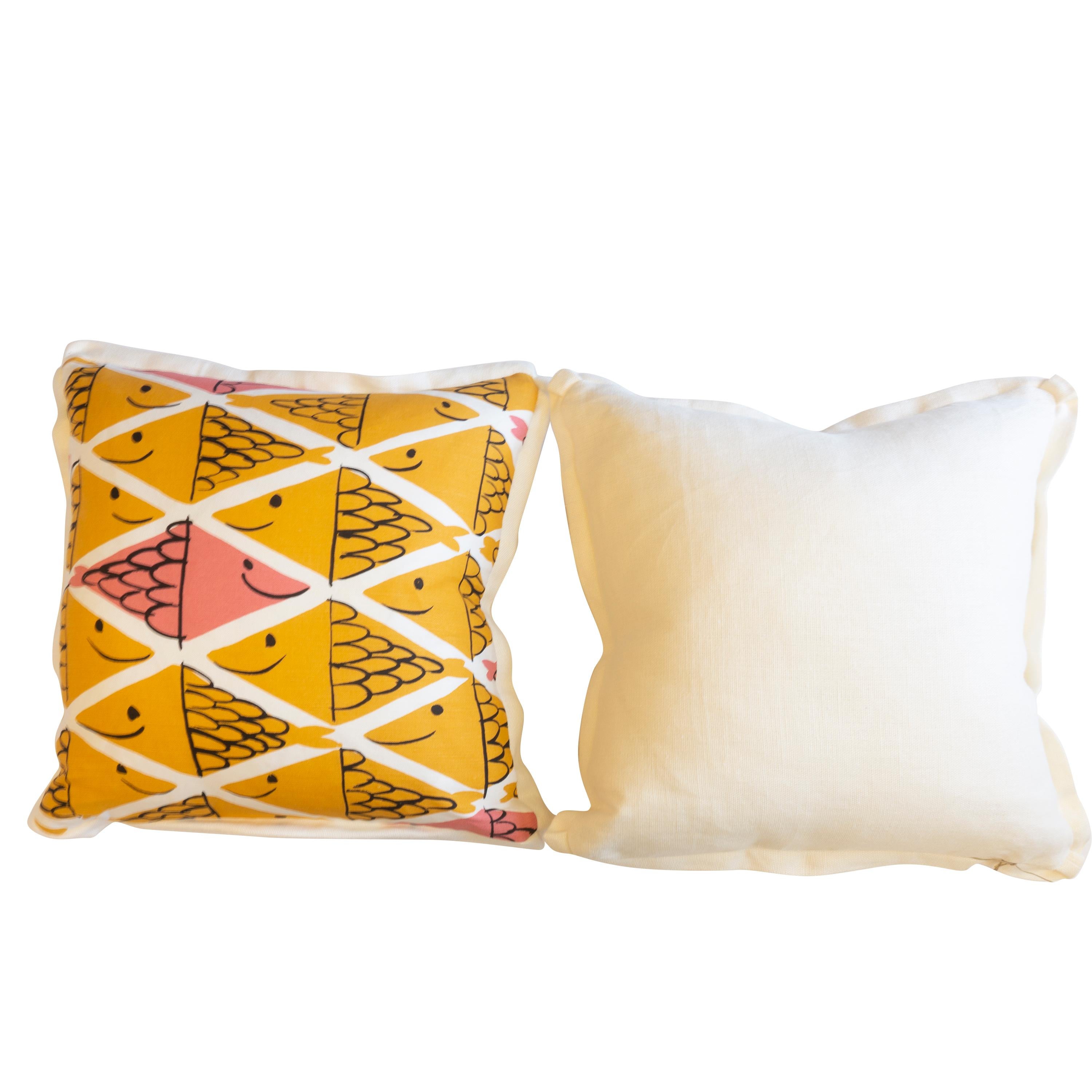 Contemporary Throw Pillows with Smiling School of Fish Pattern