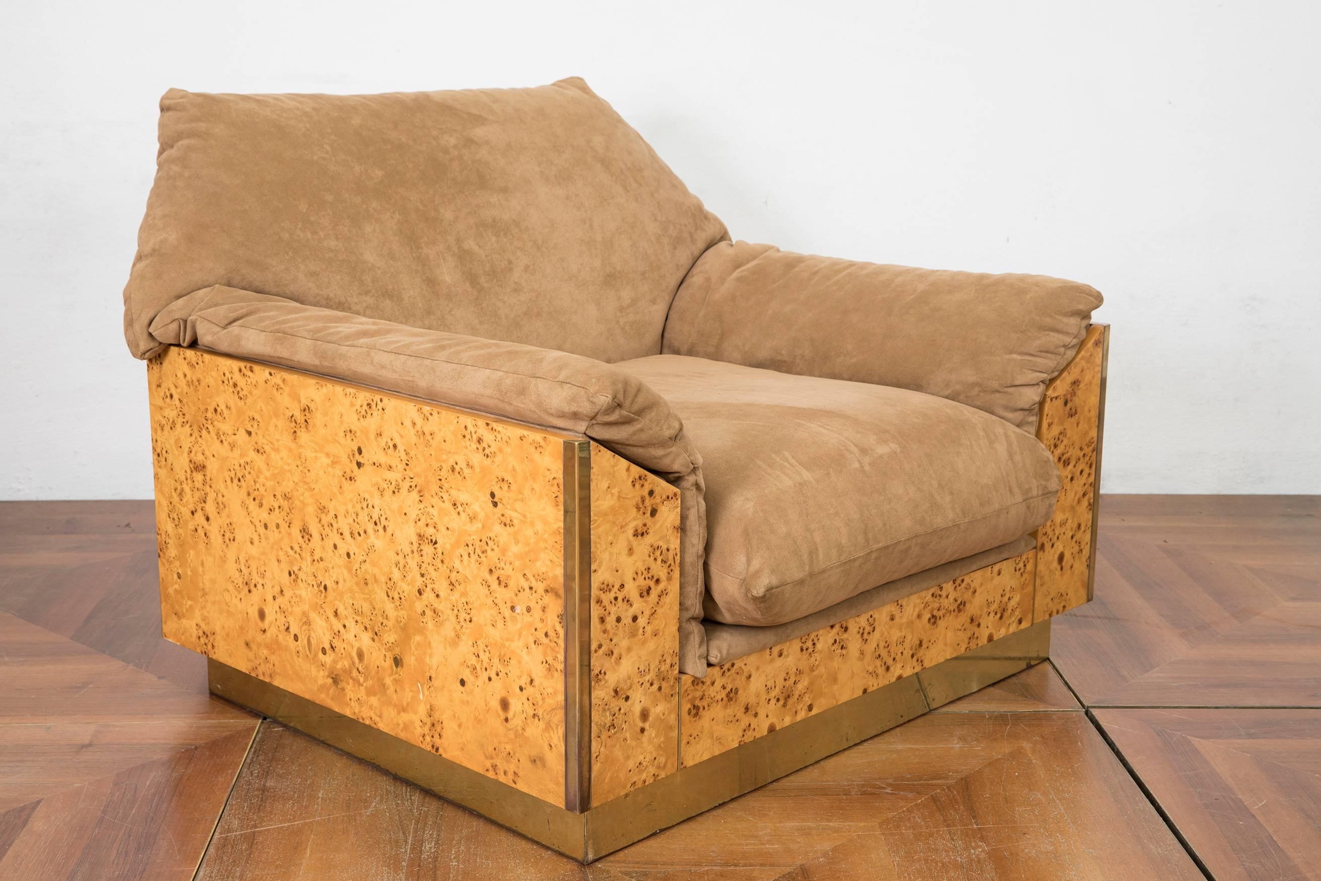 Willy Rizzo Thuja Burl Suede and Brass Set of Two Italian Lounge Chairs and Sofa 3