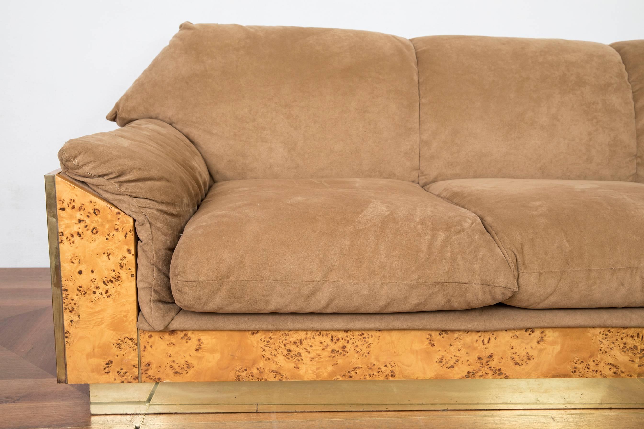 Mid-Century Modern Willy Rizzo Thuja Burl Suede and Brass Italian Sofa, 1970s