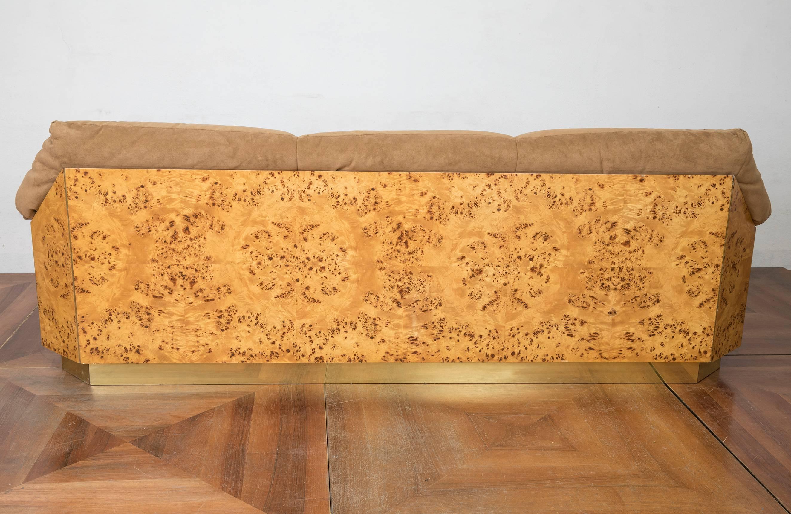 Late 20th Century Willy Rizzo Thuja Burl Suede and Brass Italian Sofa, 1970s
