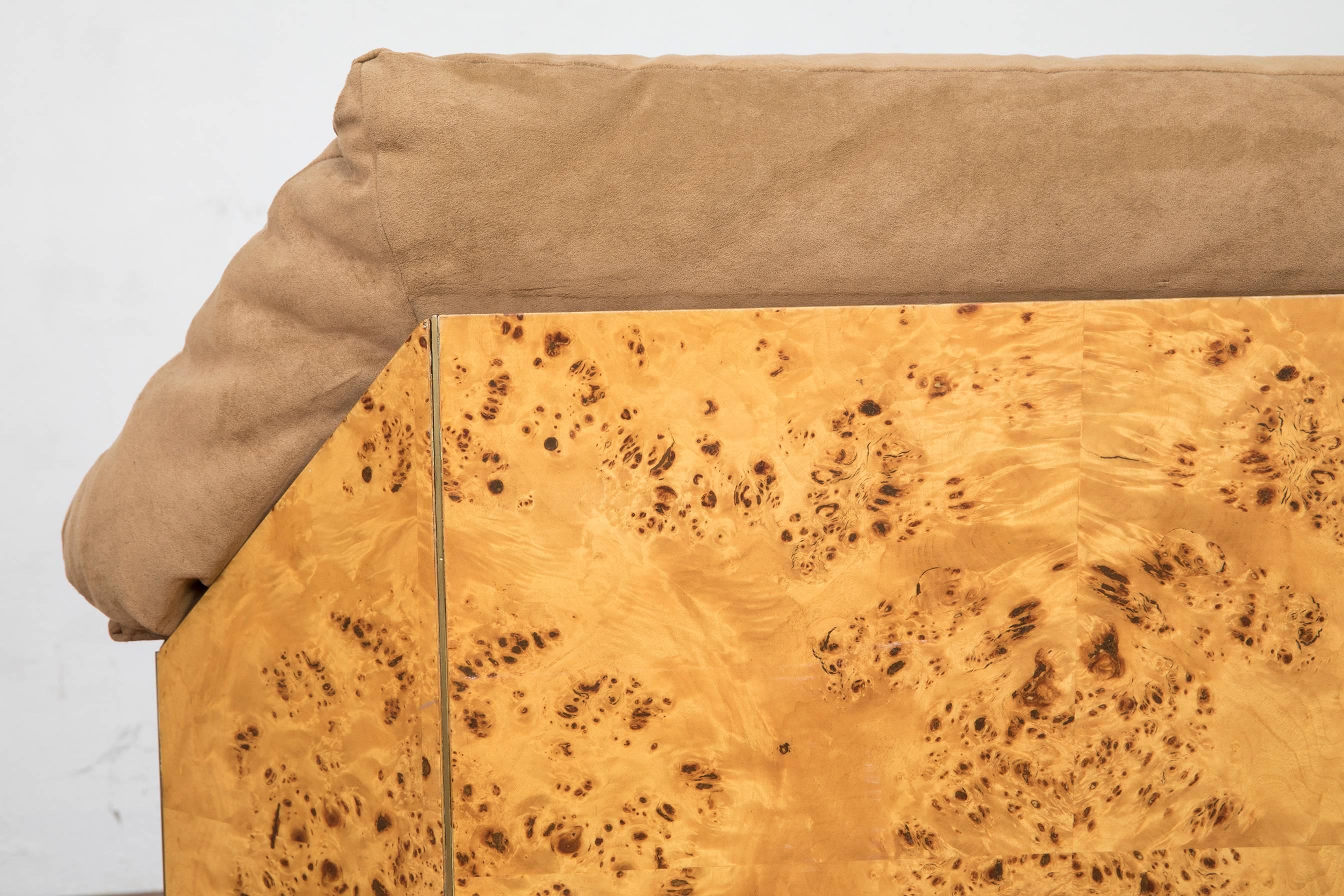Willy Rizzo Thuja Burl Suede and Brass Italian Sofa, 1970s 1