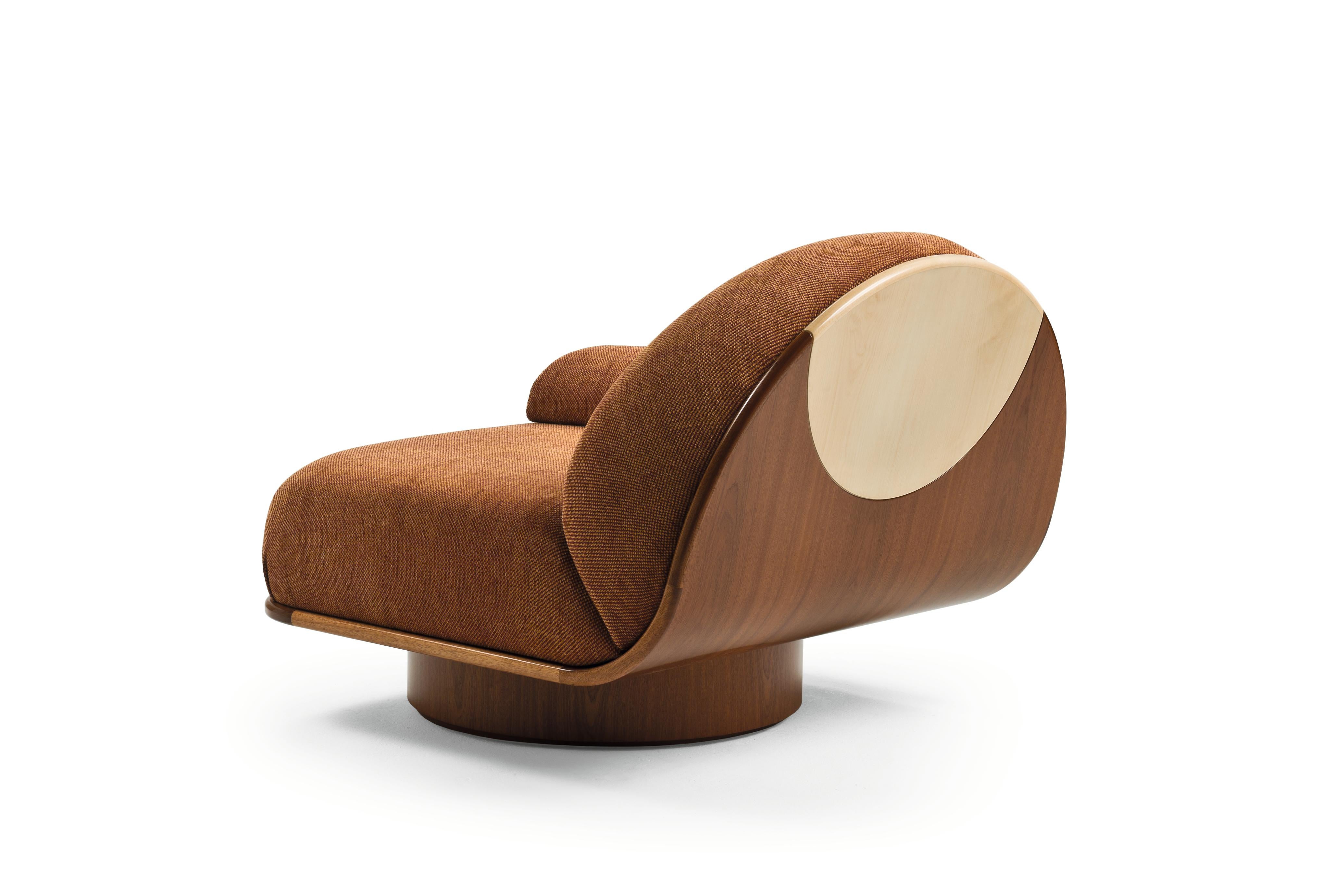 Modern THUMB Armchair in Mahogany and Maple Wood with Padded Seat and Back For Sale
