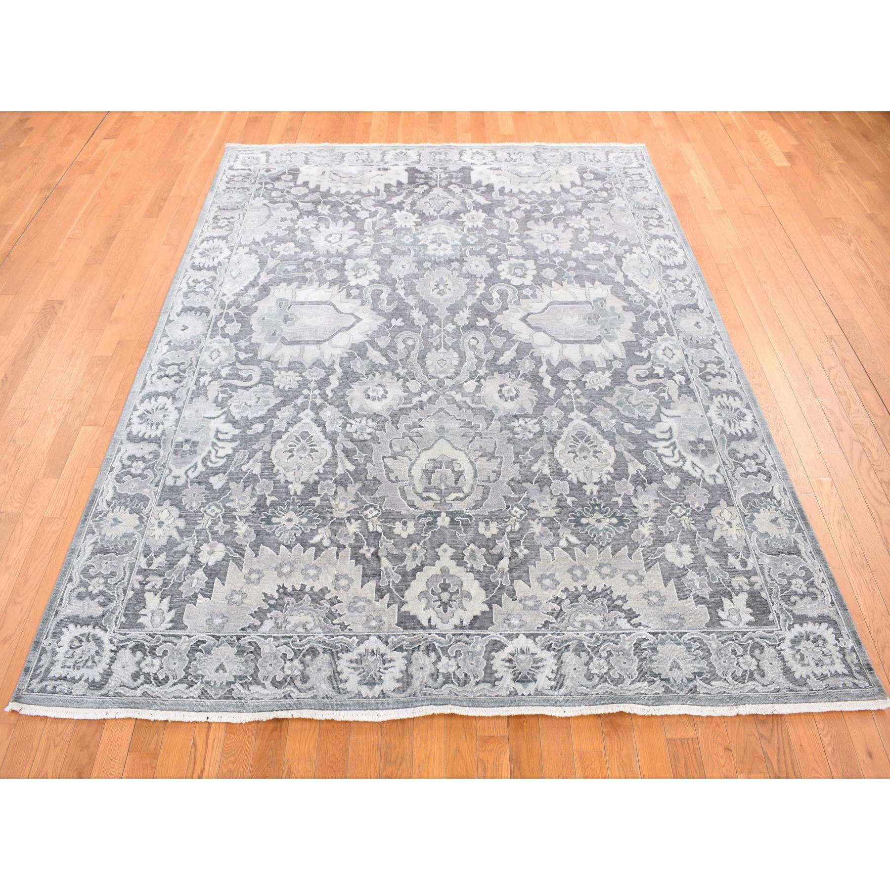 Afghano Tappeto orientale Thunder Gray annodato a mano con influenza Oushak in seta e lana 7'9