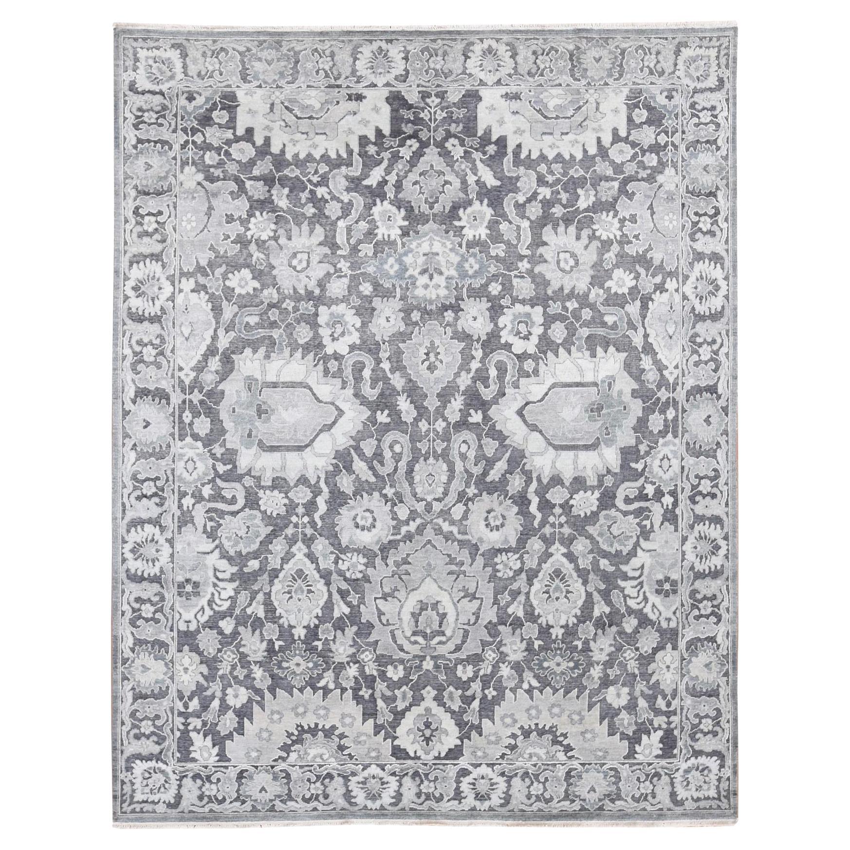 Alfombra Oriental Thunder Gris Anudada a Mano Influencia Oushak Seda y Lana 7'9" x 10'
