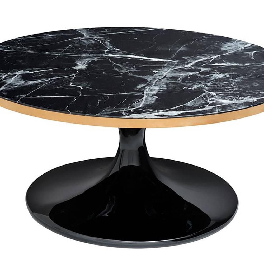 Round coffee table with resin marble top, with
a brushed brass rim. With fiber glass base in 
glossy black finish.
Also available in oval coffee table or side
table thunder.
  