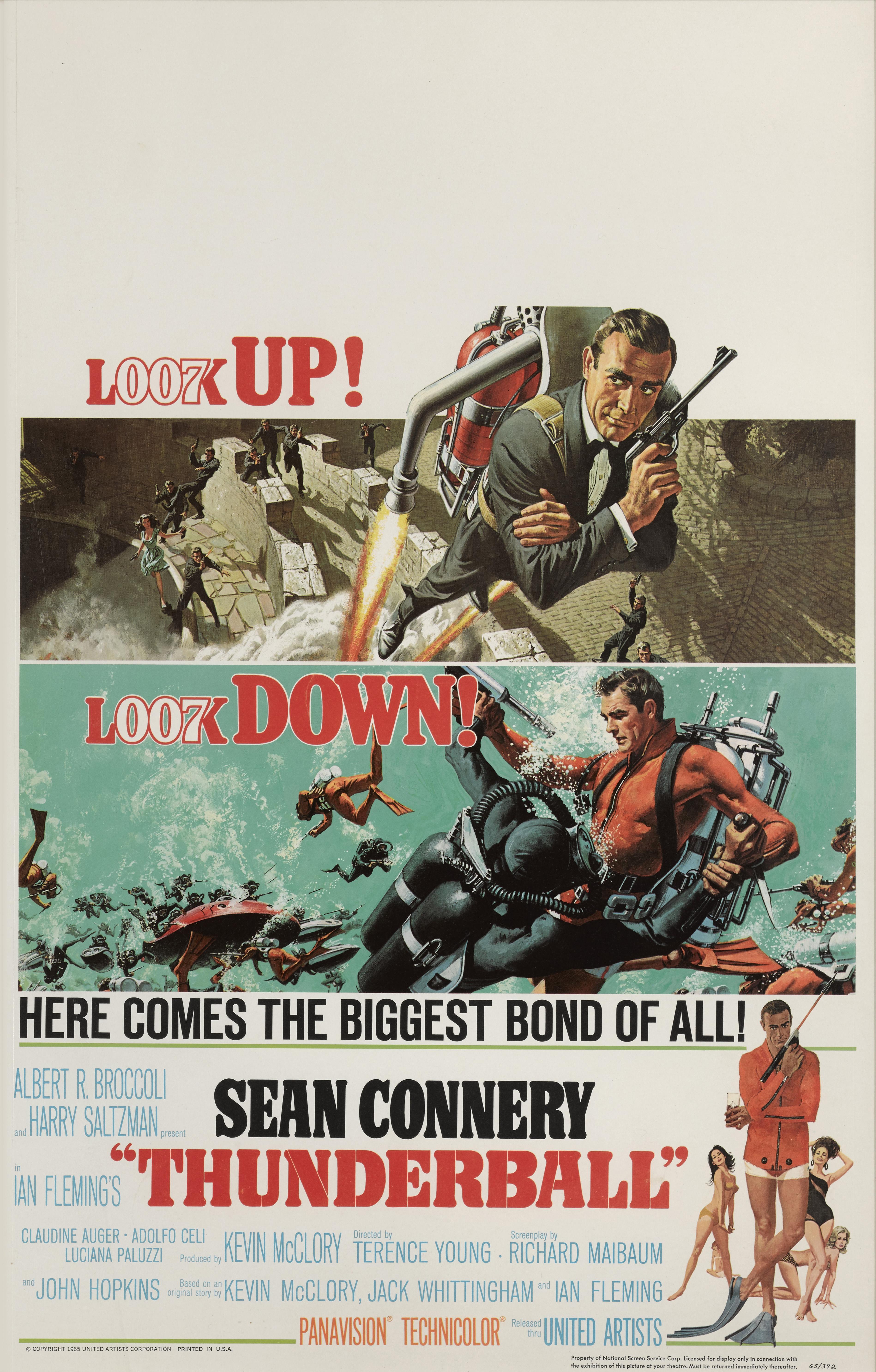 Affiche originale du film Thunderball 1965. Il s'agit du quatrième film de la série James Bond, produit par Eon Productions, avec Sean Connery dans le rôle principal. Le film a été réalisé par Terence Young, qui avait réalisé les deux premiers films