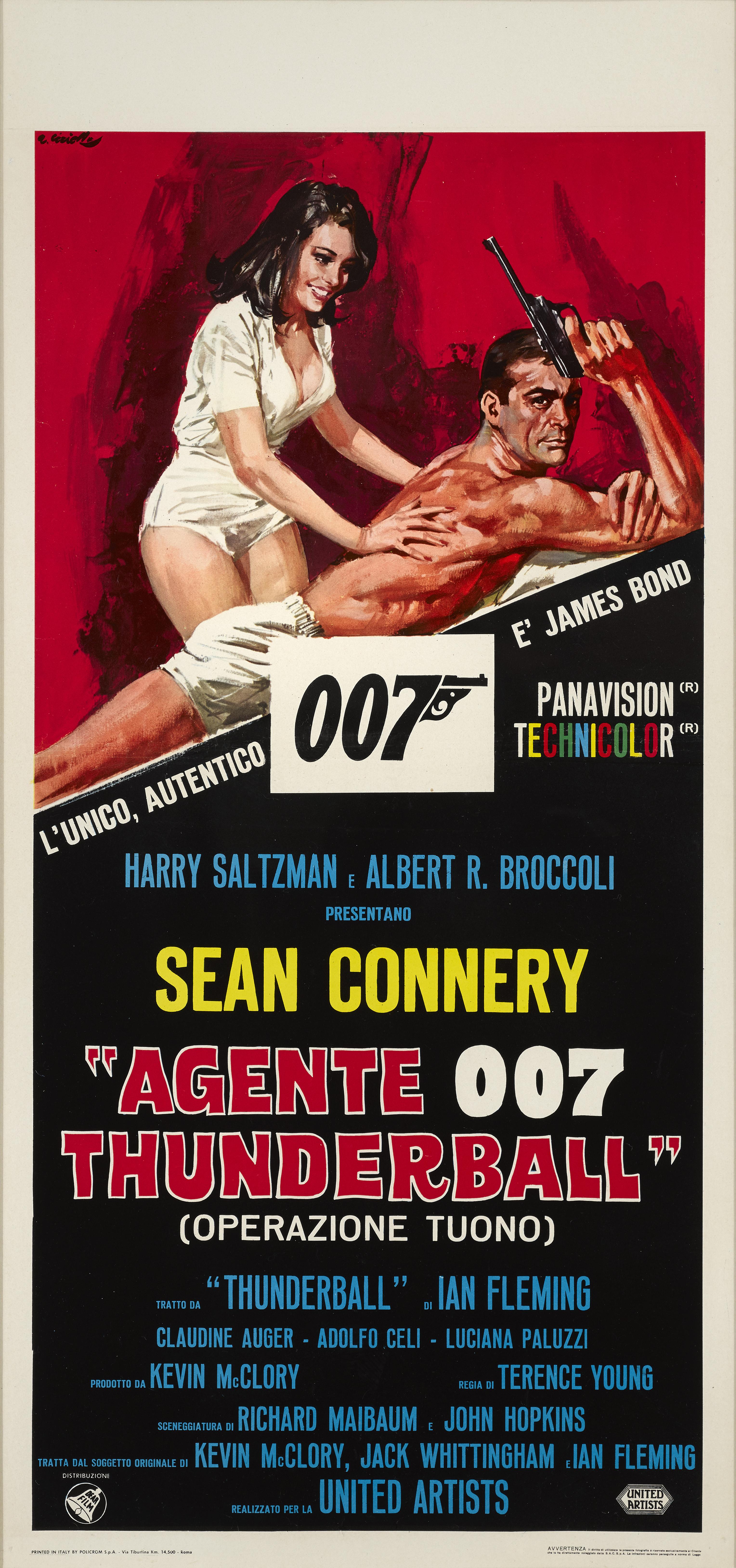 Originales italienisches Filmplakat für Thunderball 1965. Dies war der vierte Teil der James-Bond-Reihe, produziert von Eon Productions, mit Sean Connery in der Hauptrolle. Die Regie führte Terence Young, der bereits bei den ersten beiden