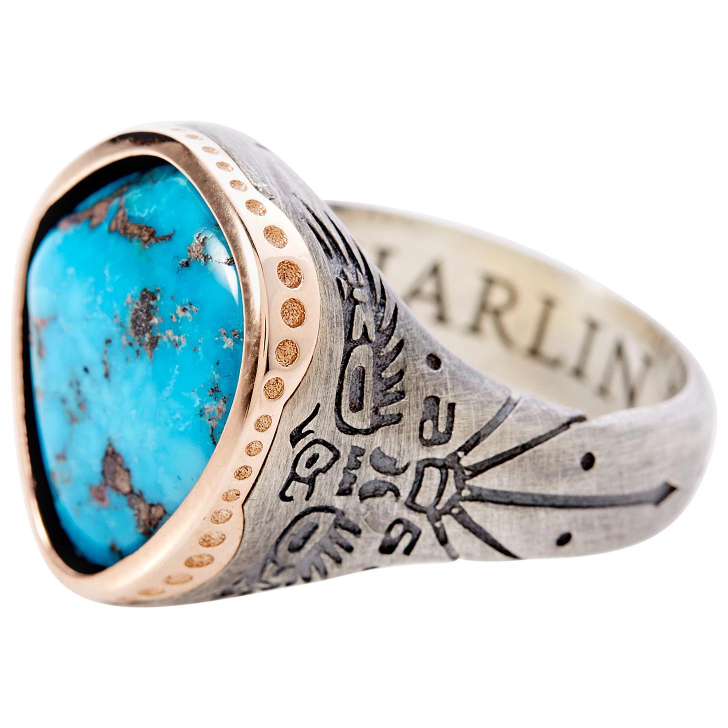 Thunderbird Rose Gold or Sterling Silver Morenci Turquoise Ring by Harlin Jones For Sale