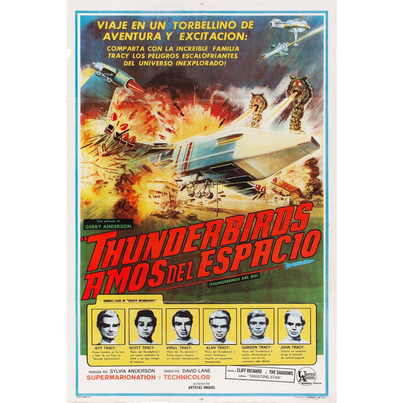 Original 1967 Argentine poster for the first Argentine theatrical release of the film Thunderbirds Are GO directed by David Lane with Peter Dyneley / Sylvia Anderson / Shane Rimmer / Jeremy Wilkin. Good-very good condition, folded with silver fish