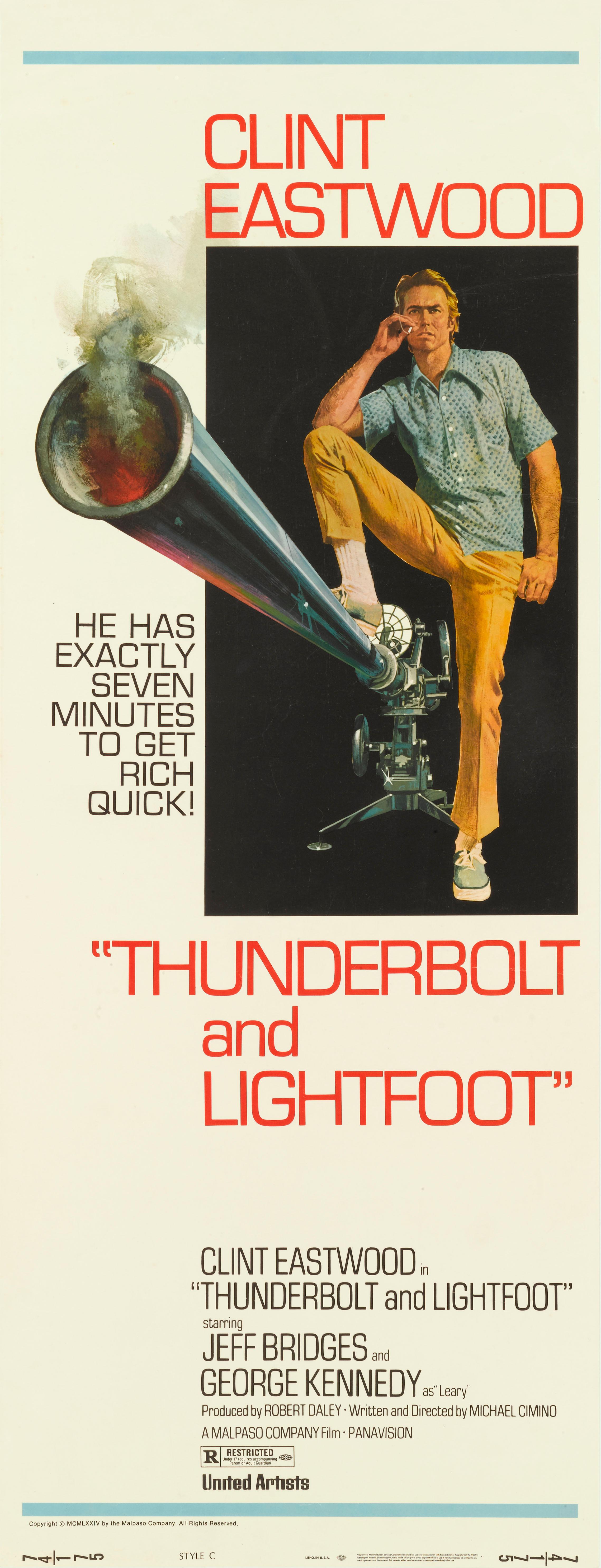 Original US-Filmplakat für Thunderbolt und Lightfoot 1974.
Bei diesem Film führte Michael Cimino Regie, in den Hauptrollen spielten Clint Eastwood und Jeff Bridges.
Es wurden weit weniger Plakate dieser Größe gedruckt, da sie auf schwererem Papier