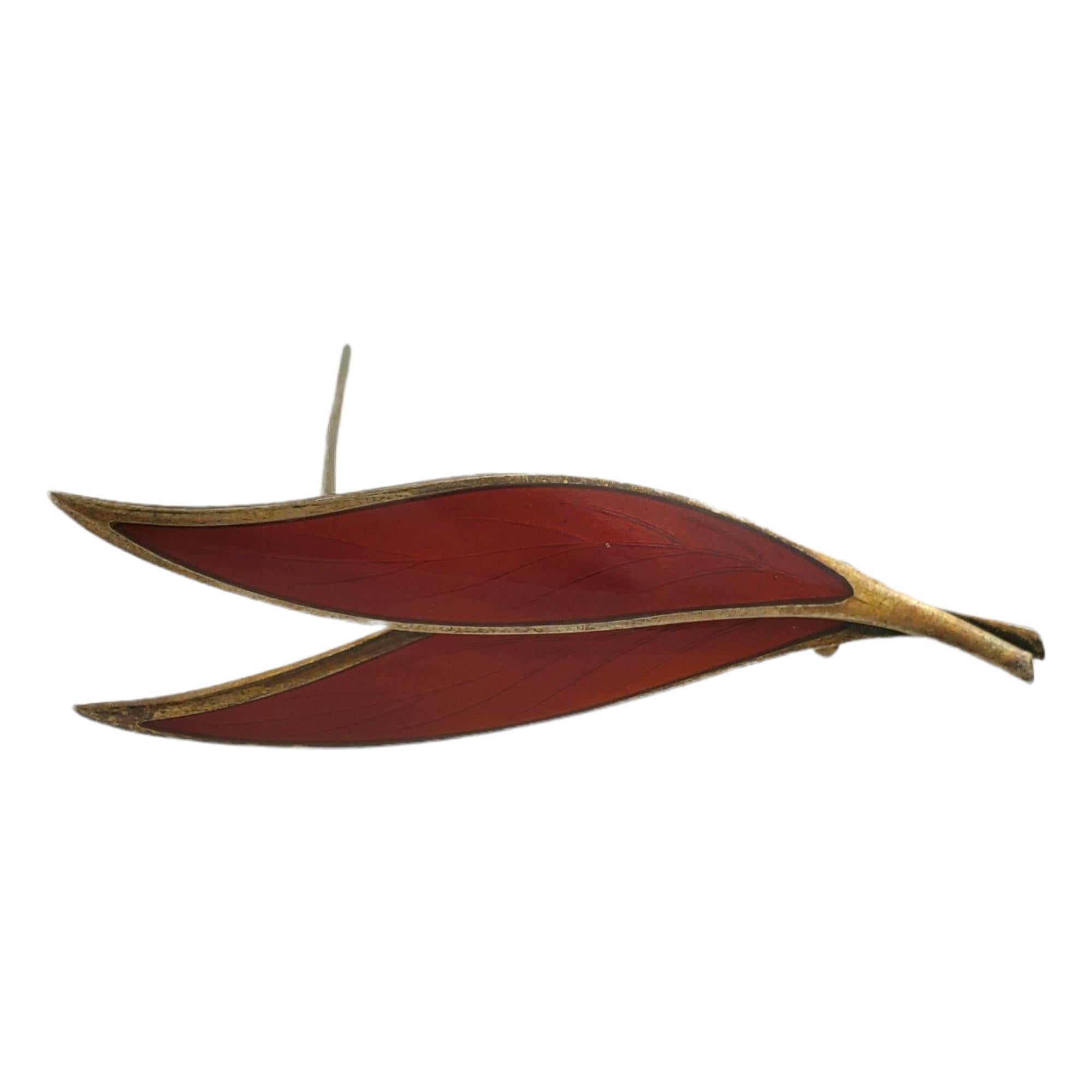 Thune Norway Sterling Silver Gold Vermeil Red Enamel Leaf Pin 4