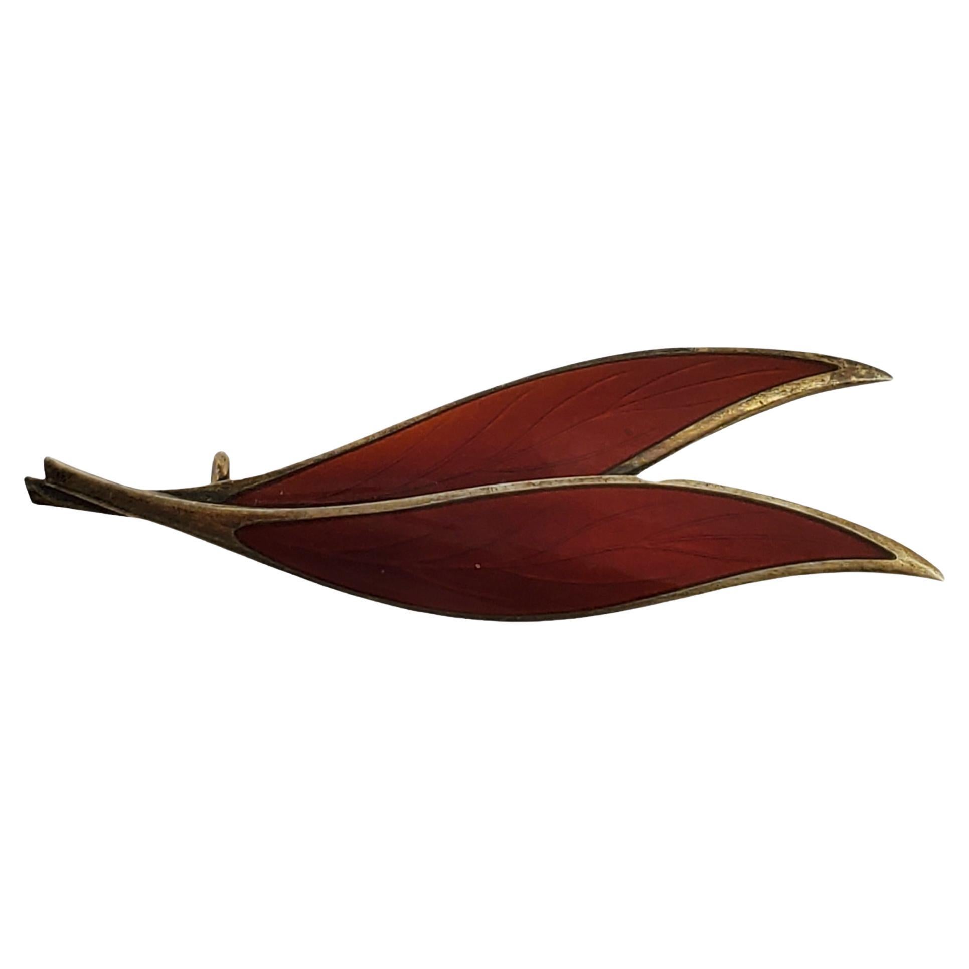 Thune Norway Sterling Silver Gold Vermeil Red Enamel Leaf Pin