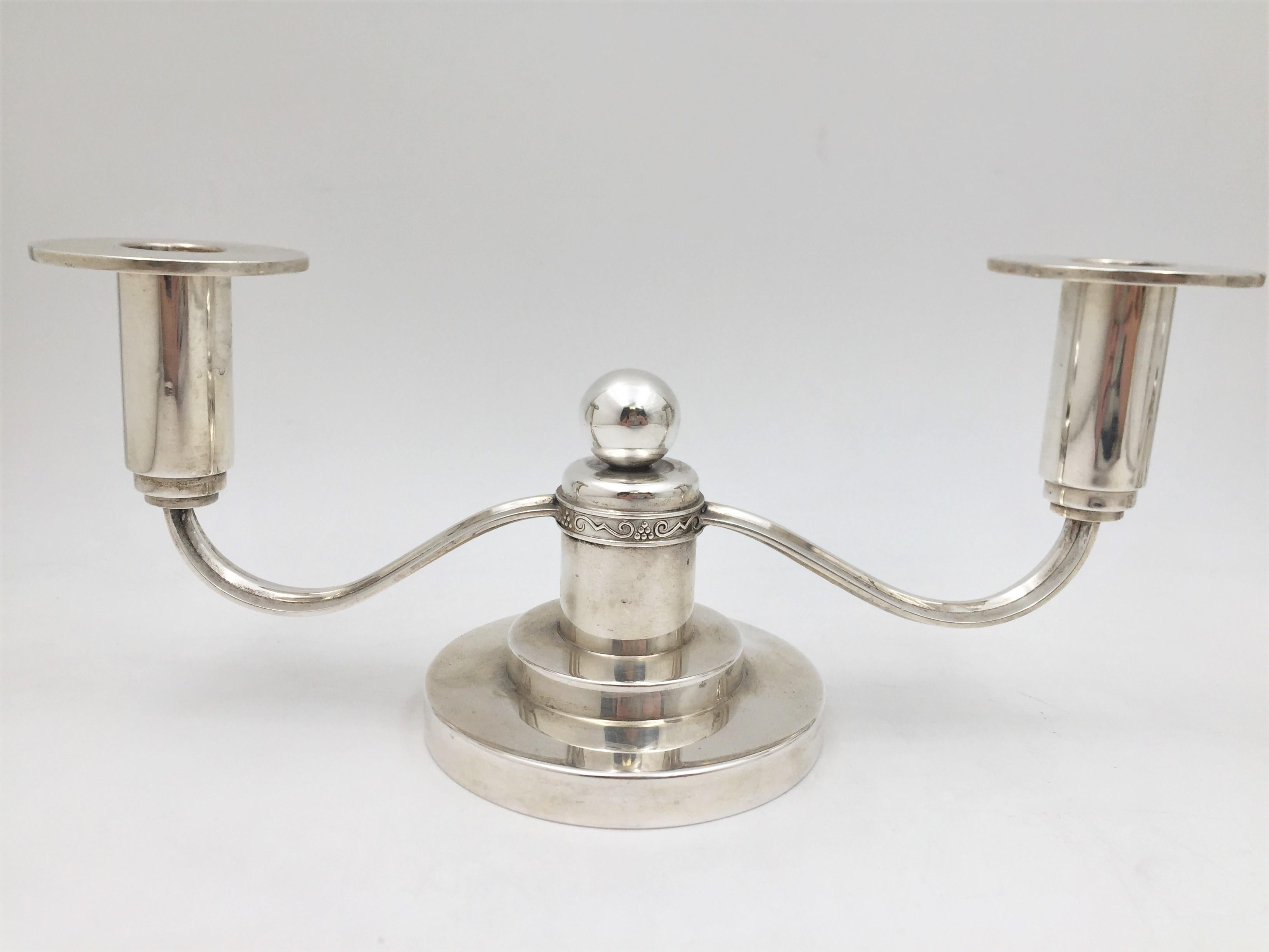 Thune Norwegian Silver Pair 2-Light Candelabra Mid-Century Modern Jensen Style In Good Condition For Sale In New York, NY