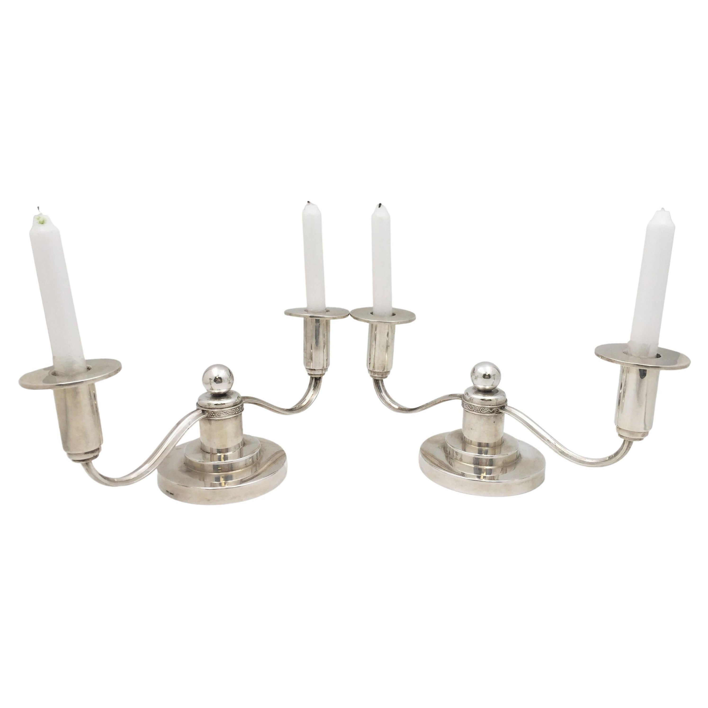 Thune Norwegian Silver Pair 2-Light Candelabra Mid-Century Modern Jensen Style