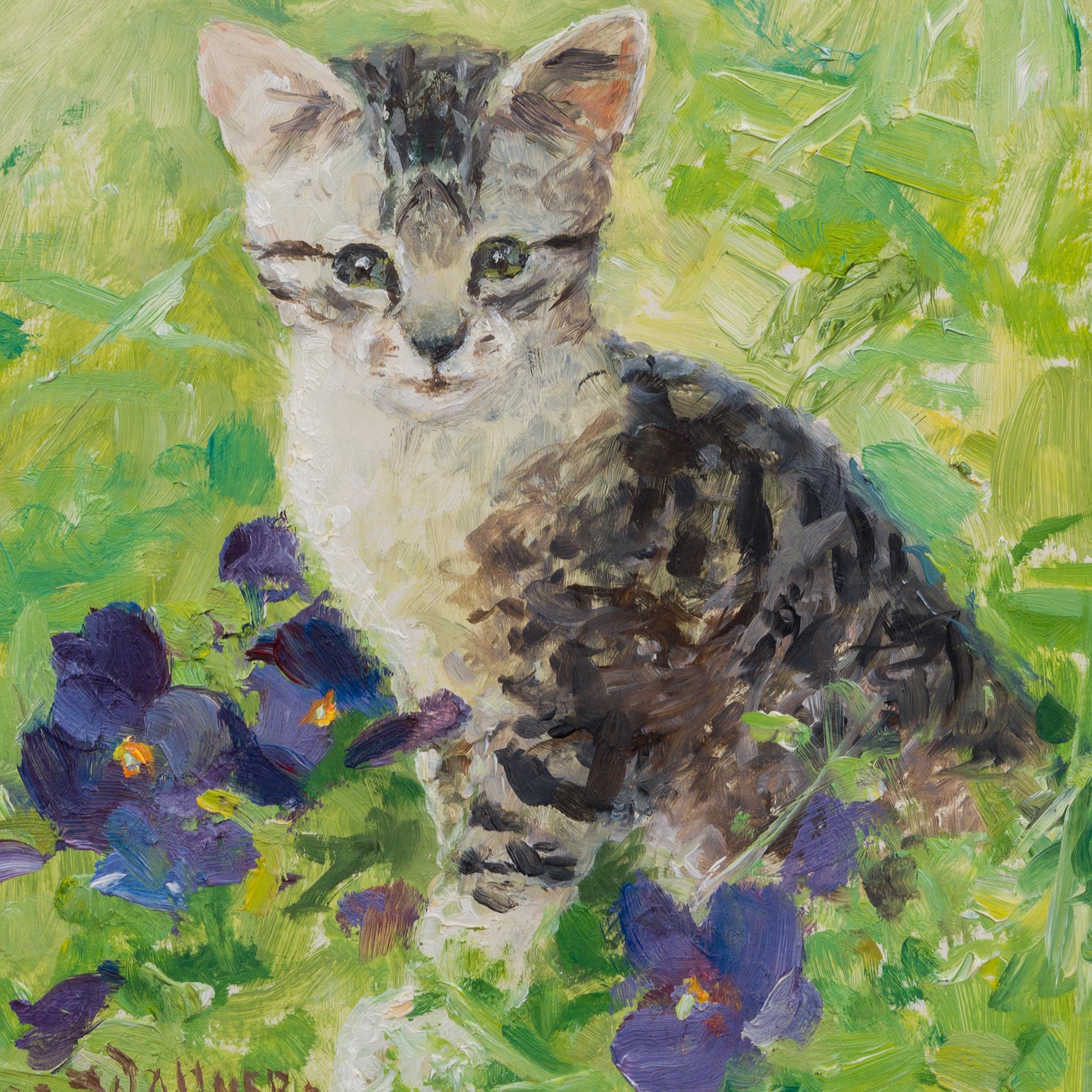 We are delighted to present for sale a charming oil painting by the Swedish artist Thure Wallner (1888-1965), showcasing a whimsical scene of a kitten nestled in the grass amidst blooming flowers. This piece is a tender representation of Wallner's