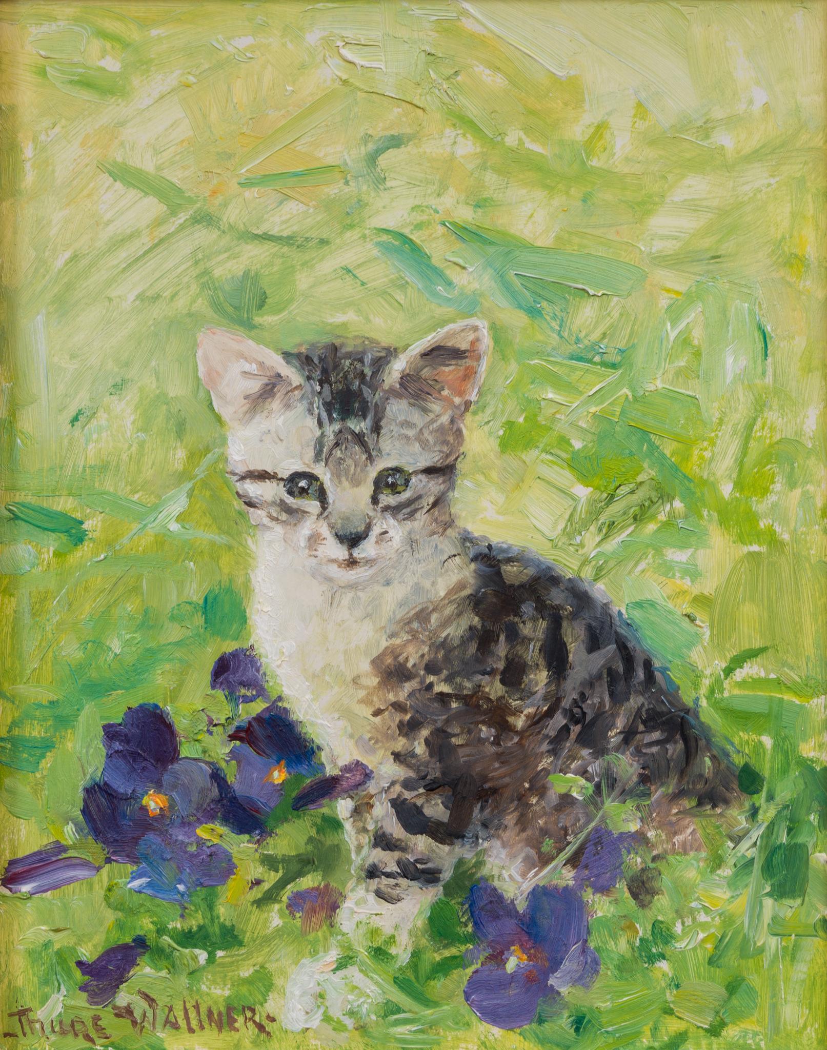A Kitten Amongst the Blooms by Swedish Artist Thure Wallner For Sale 1