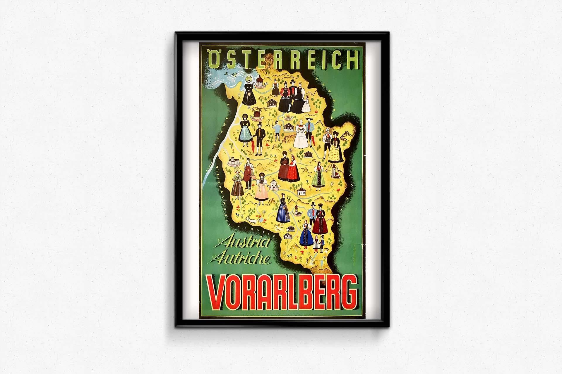 Affiche originale de Thurnher Weiss représentant une carte illustrée de Vorarlberg  en vente 2