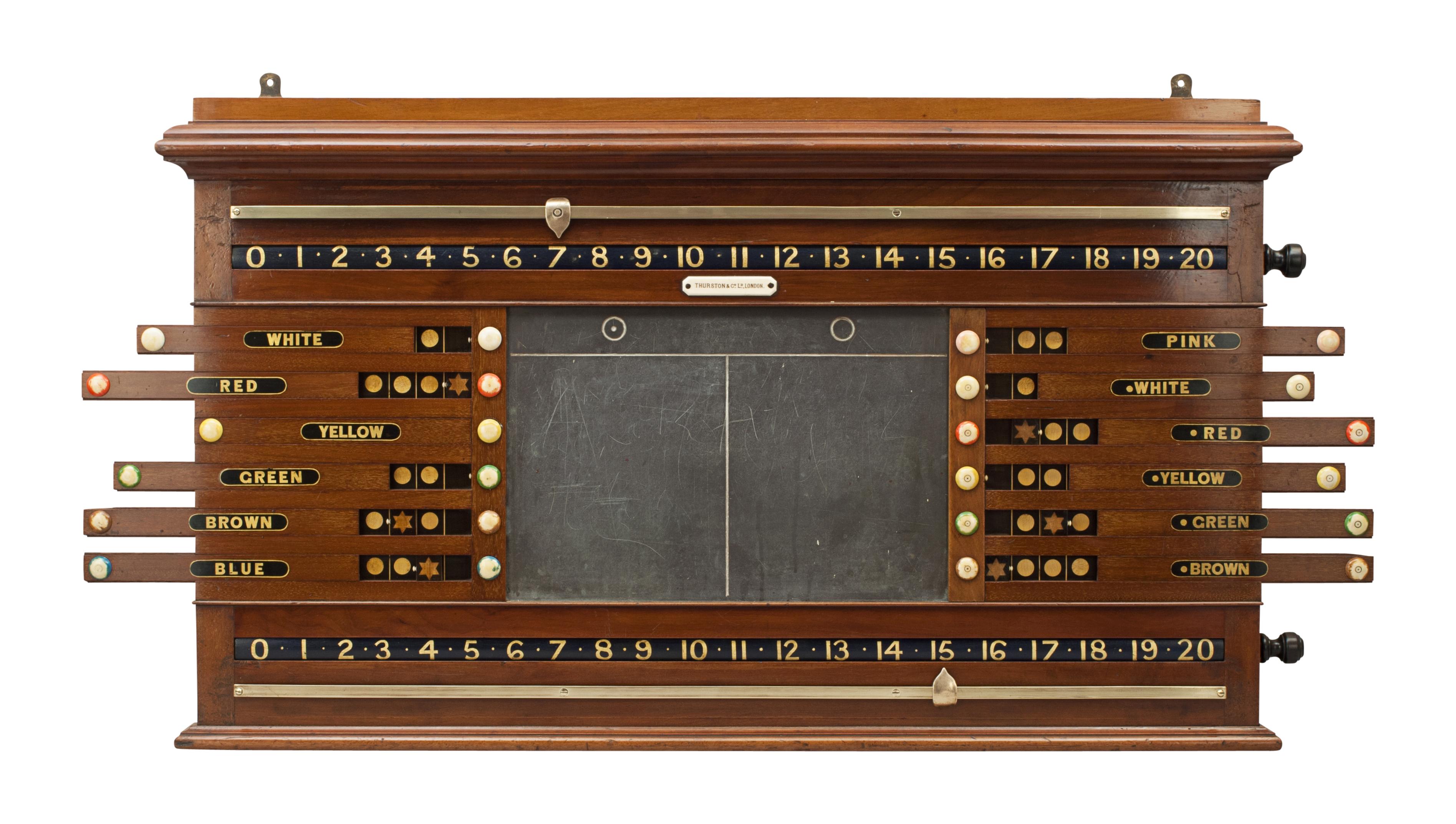 Thurston & Co. Ltd. Billiard, snooker, life pool scoreboard.
A nice combined billiards and life pool scoreboard made of mahogany by Thurston & Co. Ltd. The billiard scorer has two dark blue rollers with gold painted numbers, 0 to 20 / 20 to 40 / 40