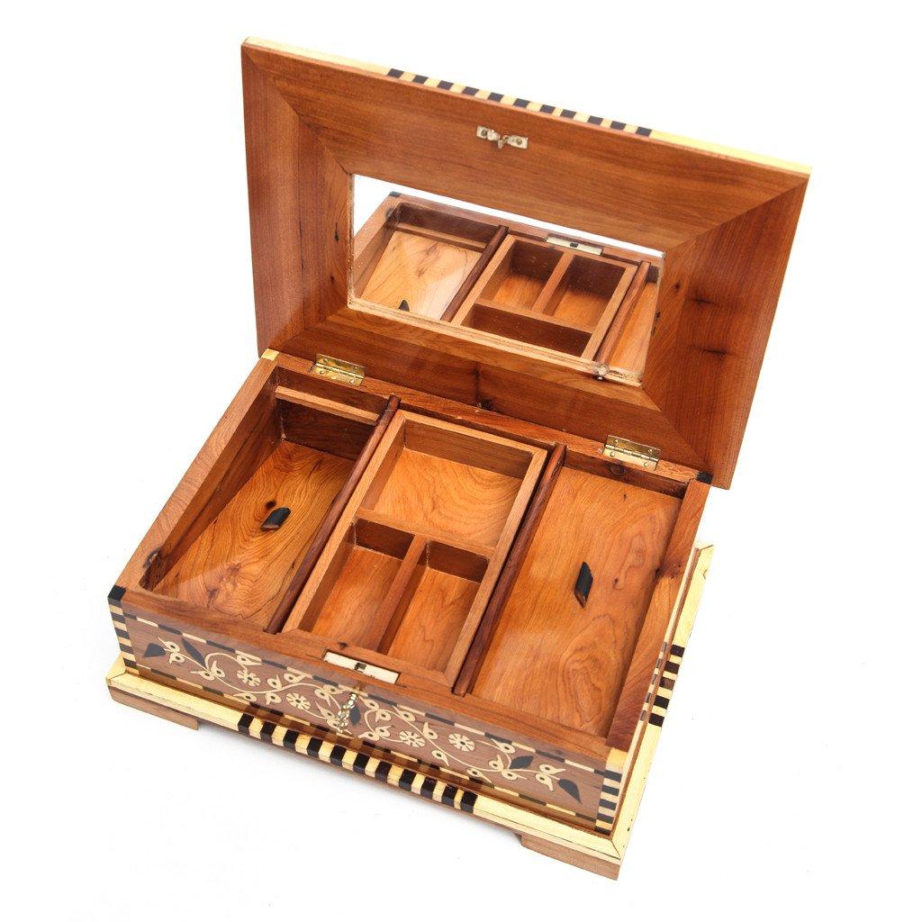 From the workshop of master artisans comes this exquisitely handcrafted Thuya Wood Queen Jewelry Box boasting a multi-chambered interior and an exterior adorned with a wonderfully ornate floral pattern with Mother of pearls decoration. The wood