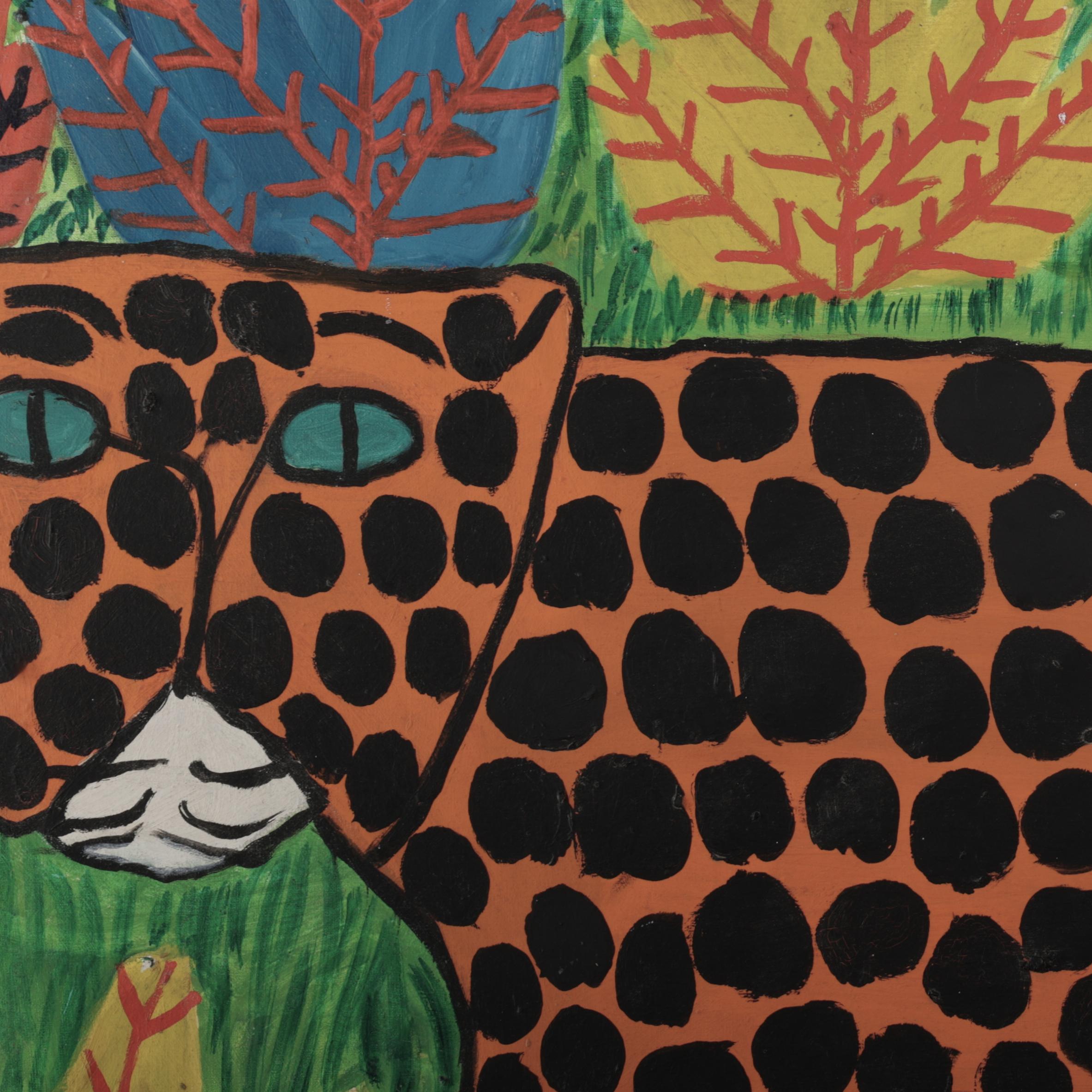 Vintage Haitian Painting of a Leopard by Ti Tra Jean Fatreuse Delva im Angebot 3