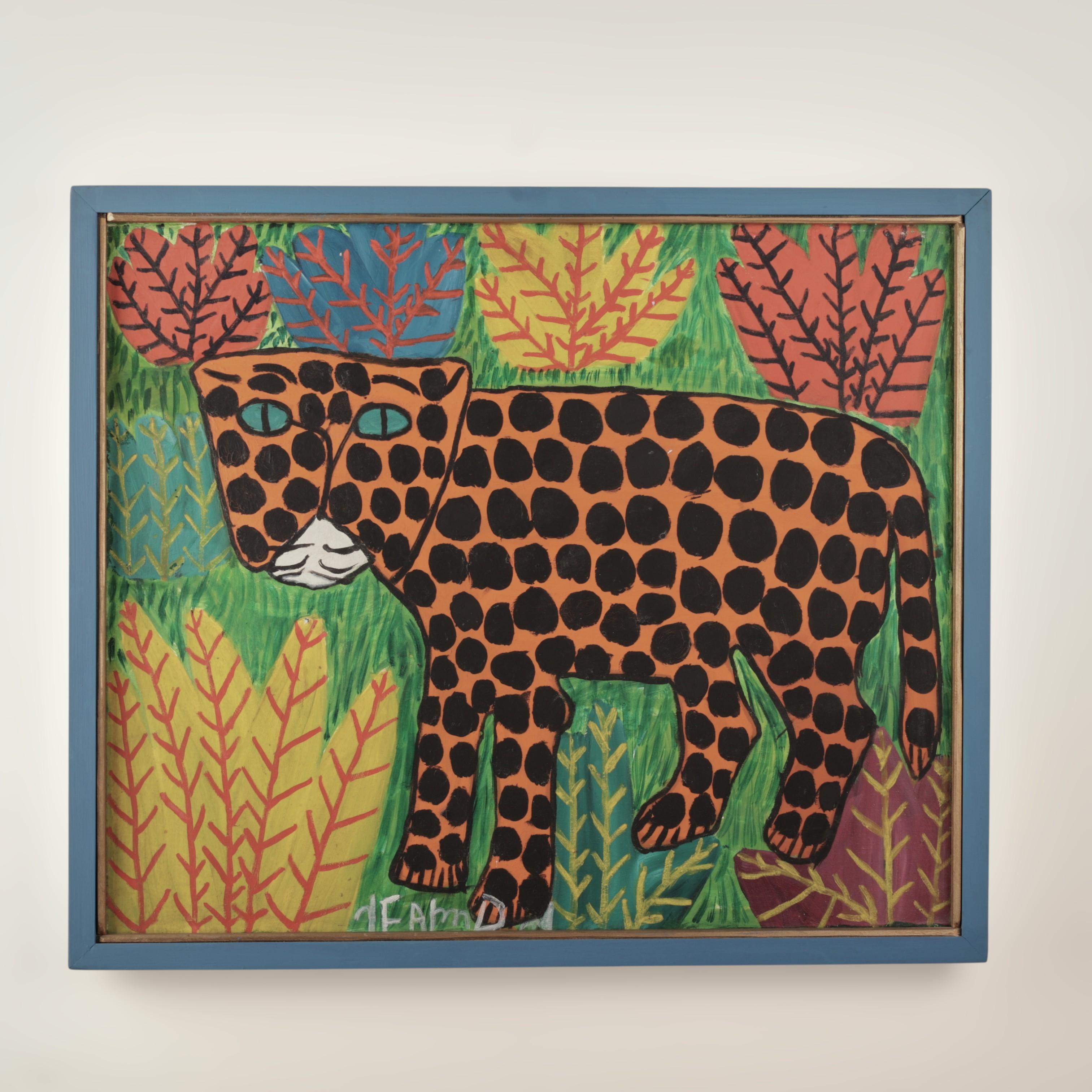 Vintage Haitian Painting of a Leopard by Ti Tra Jean Fatreuse Delva