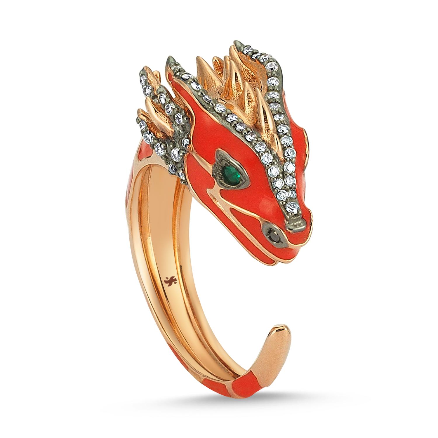 For Sale:  Tian Long Ring in 14k Rose Gold with Diamond and Enamel 2