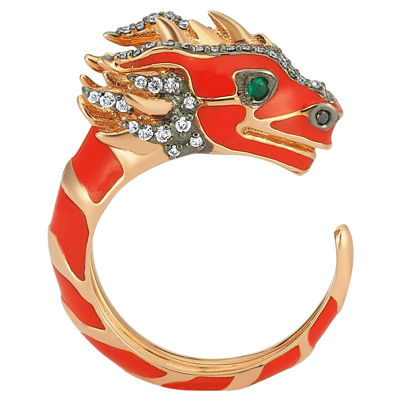 For Sale:  Tian Long Ring in 14k Rose Gold with Diamond and Enamel