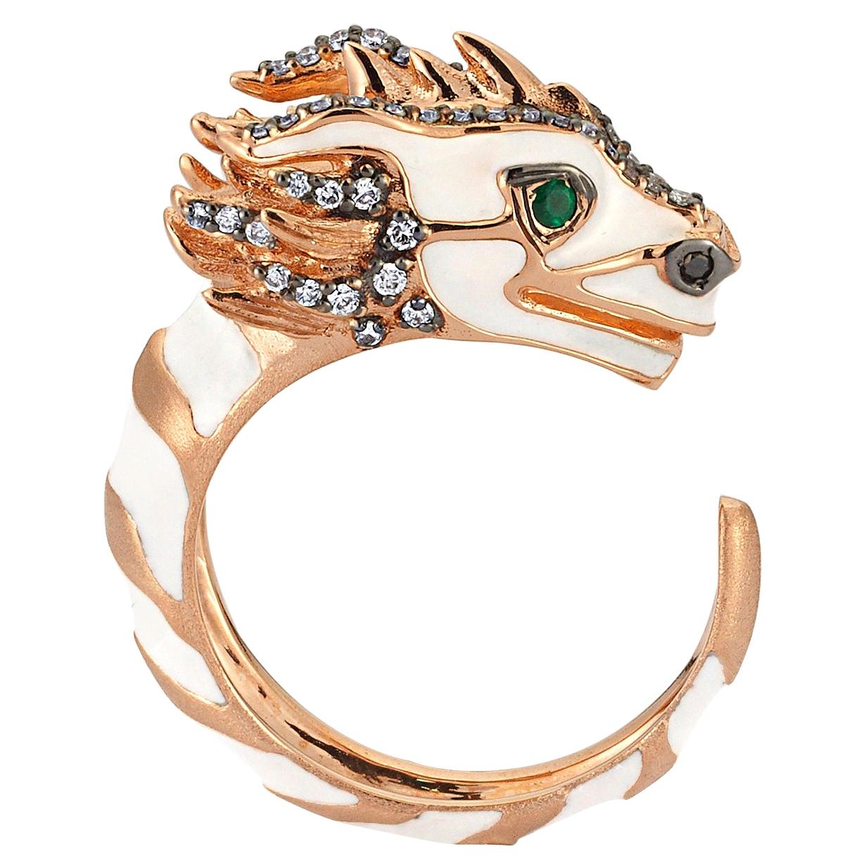 Tian Long Ring in 14k Rose Gold with Diamond and Enamel