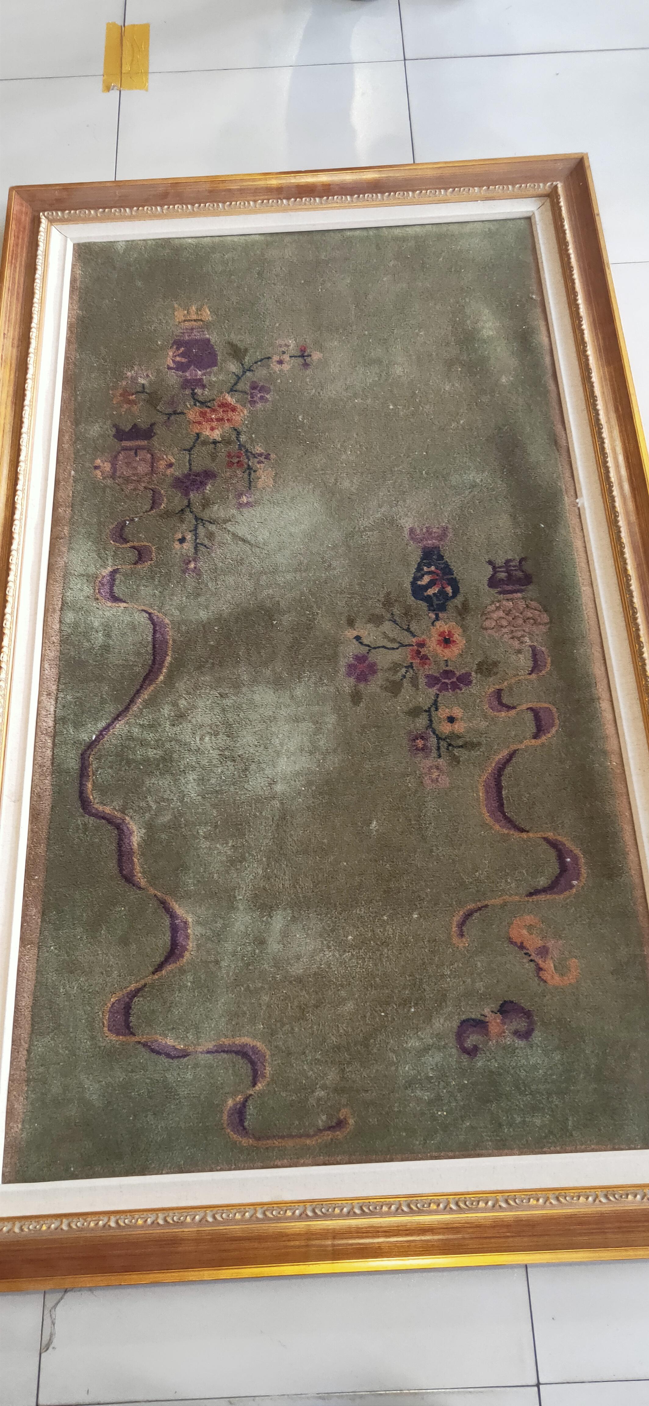 Two vases on stands with peony branches and two fragrance emitting censers, along with two bats, 
decorate the pale pink open field of this 1930’s Art Deco Rug. The smoke from the censers rises nearly to
the top border. Measures: 3' 0'' x 5'