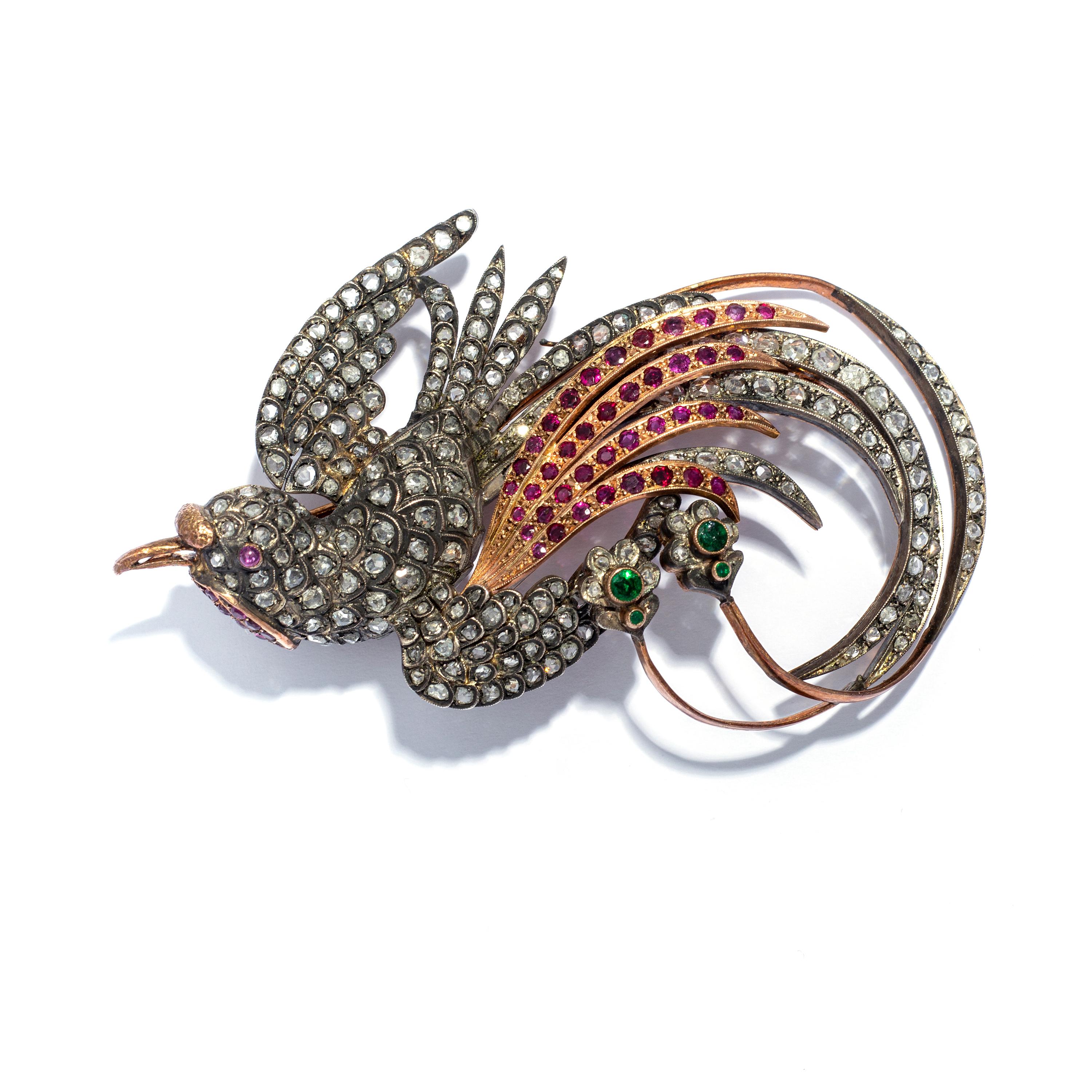 Tiara Spilla Convertibile Uccello Paradiso Diamante Rubino in vendita 3