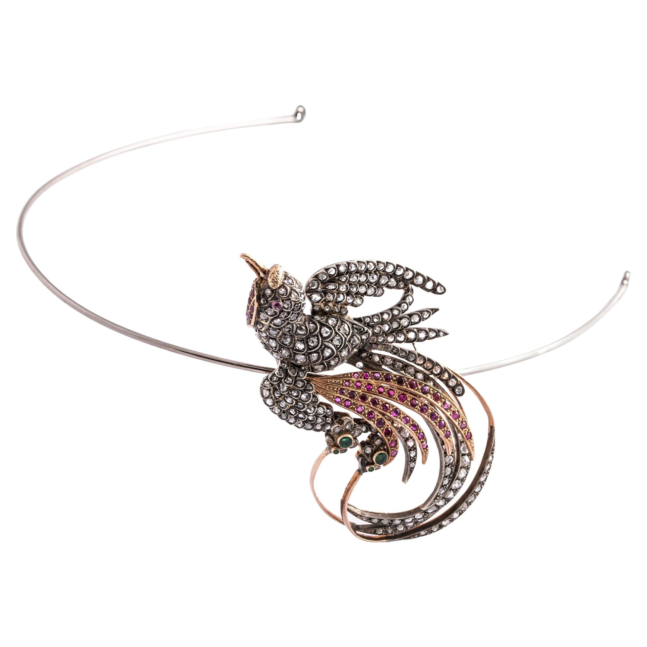 Estetismo Tiara Spilla Convertibile Uccello Paradiso Diamante Rubino in vendita
