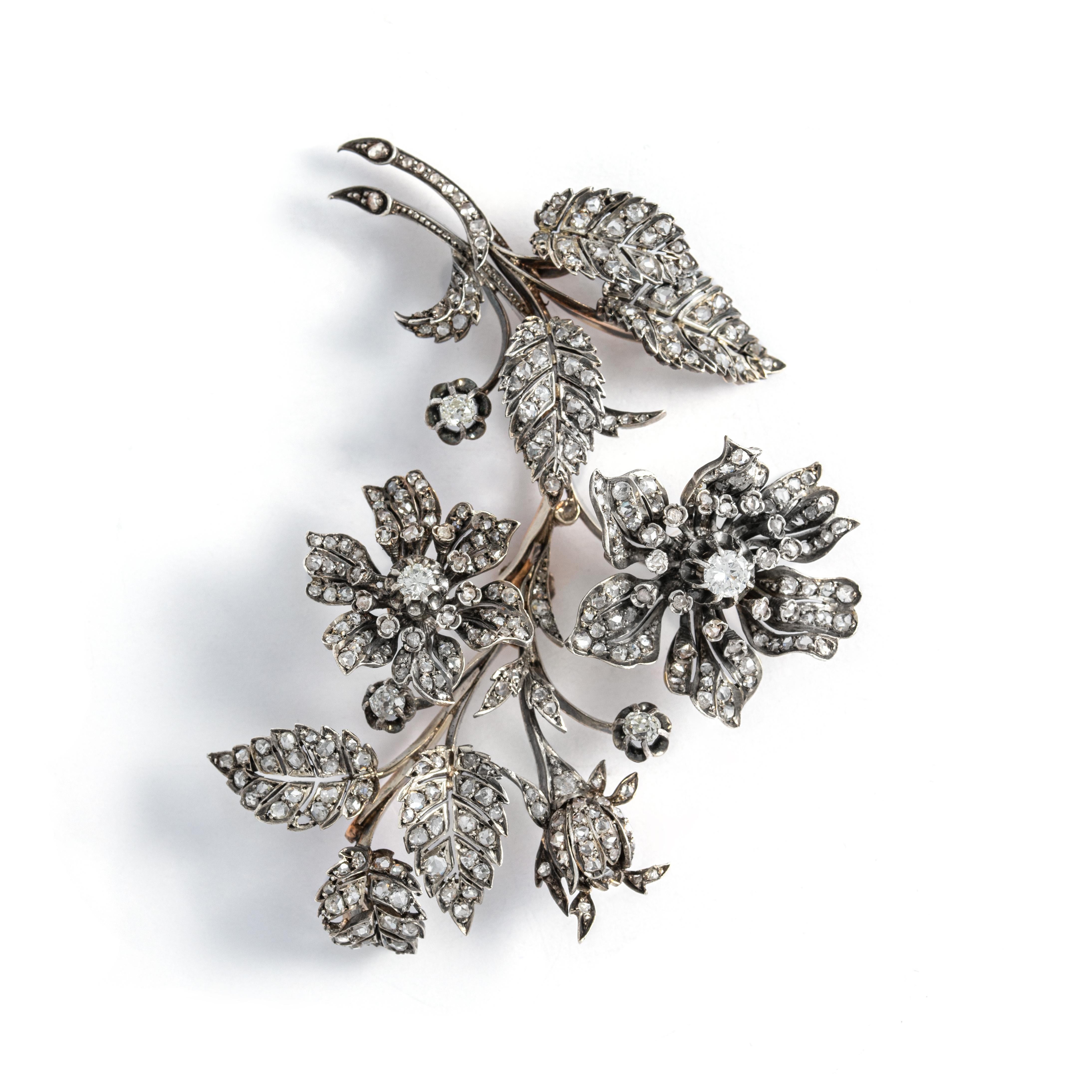 Old European Cut Tiara Convertible En Tremblant Flower Diamond Brooch For Sale