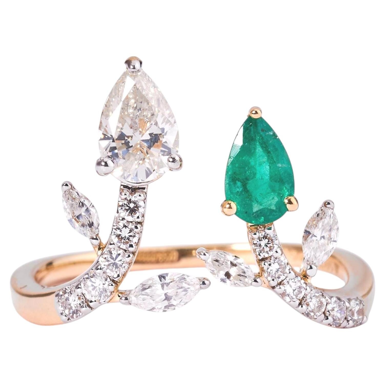 Tiara Natural Pear Emerald & Diamond Bypass Ring in 14K Solid Gold (zertifiziert) im Angebot