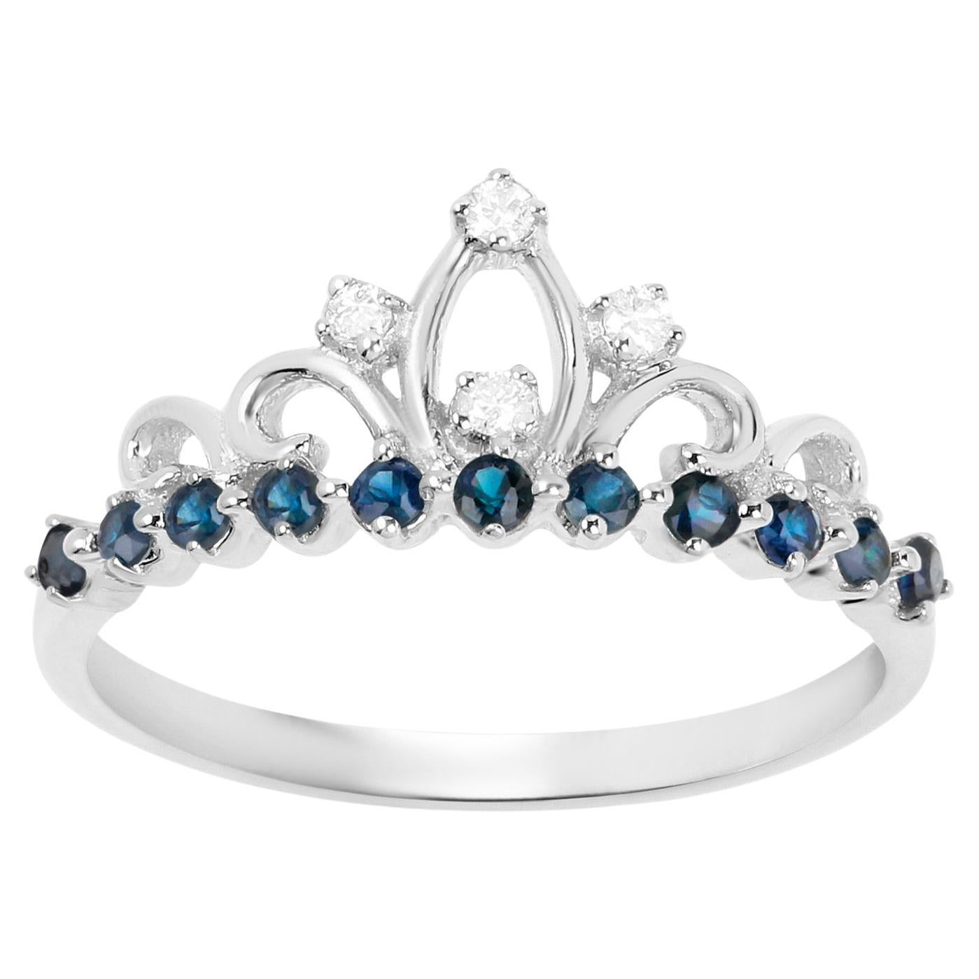 Tiara Ring Blue Sapphires and Diamonds 0.29 Carats 14K White Gold For Sale