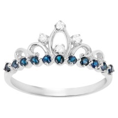 Tiara Ring Blue Sapphires and Diamonds 0.29 Carats 14K White Gold