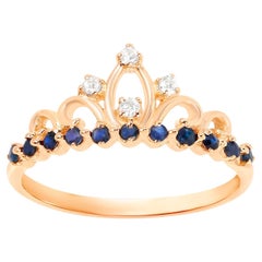 Tiara Ring Blue Sapphires and Diamonds 0.29 Carats 14K Yellow Gold