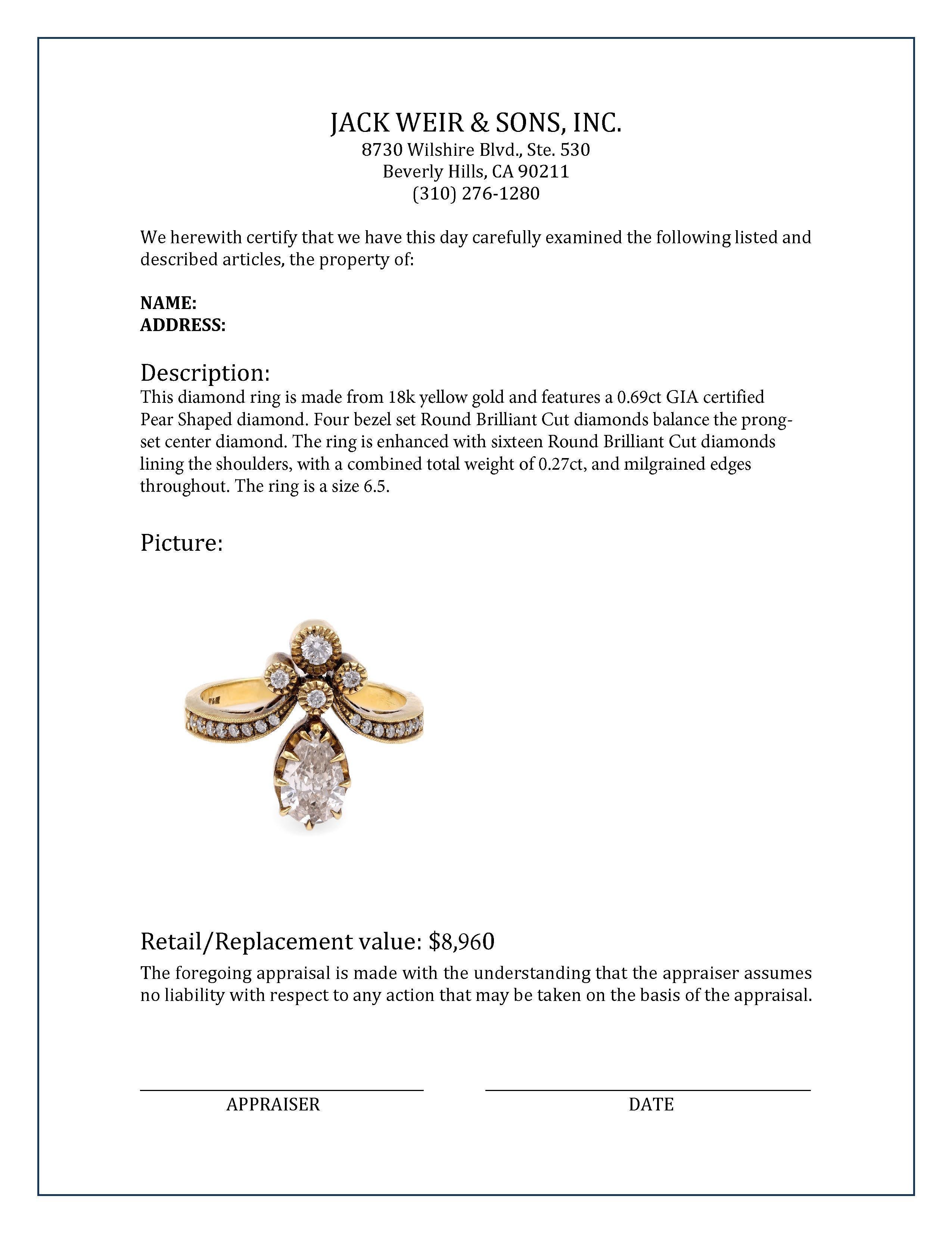 Women's or Men's Tiara Ring with Pear Shaped Diamond For Sale