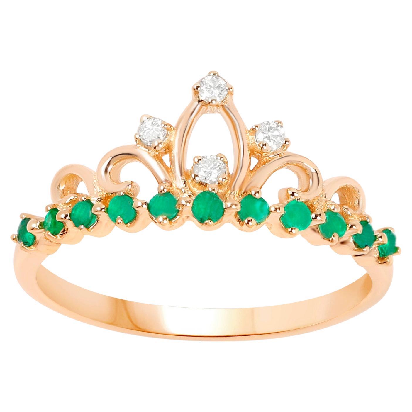 Tiara Ring Zambian Emeralds and Diamonds 0.29 Carats 14K Yellow Gold For Sale