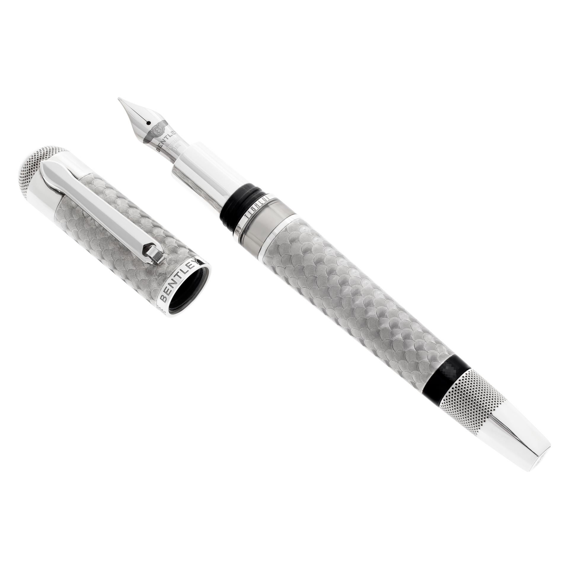 Tibaldi Montegrappa for Bentley 60th Anniversary Crewe Collection sterling silver fountain pen. 18k white gold nib. Limited Edition pen commemorating 60 years of Bentley Motors historic Crewe factory. Limted to 400 numbered pieces. Unused and