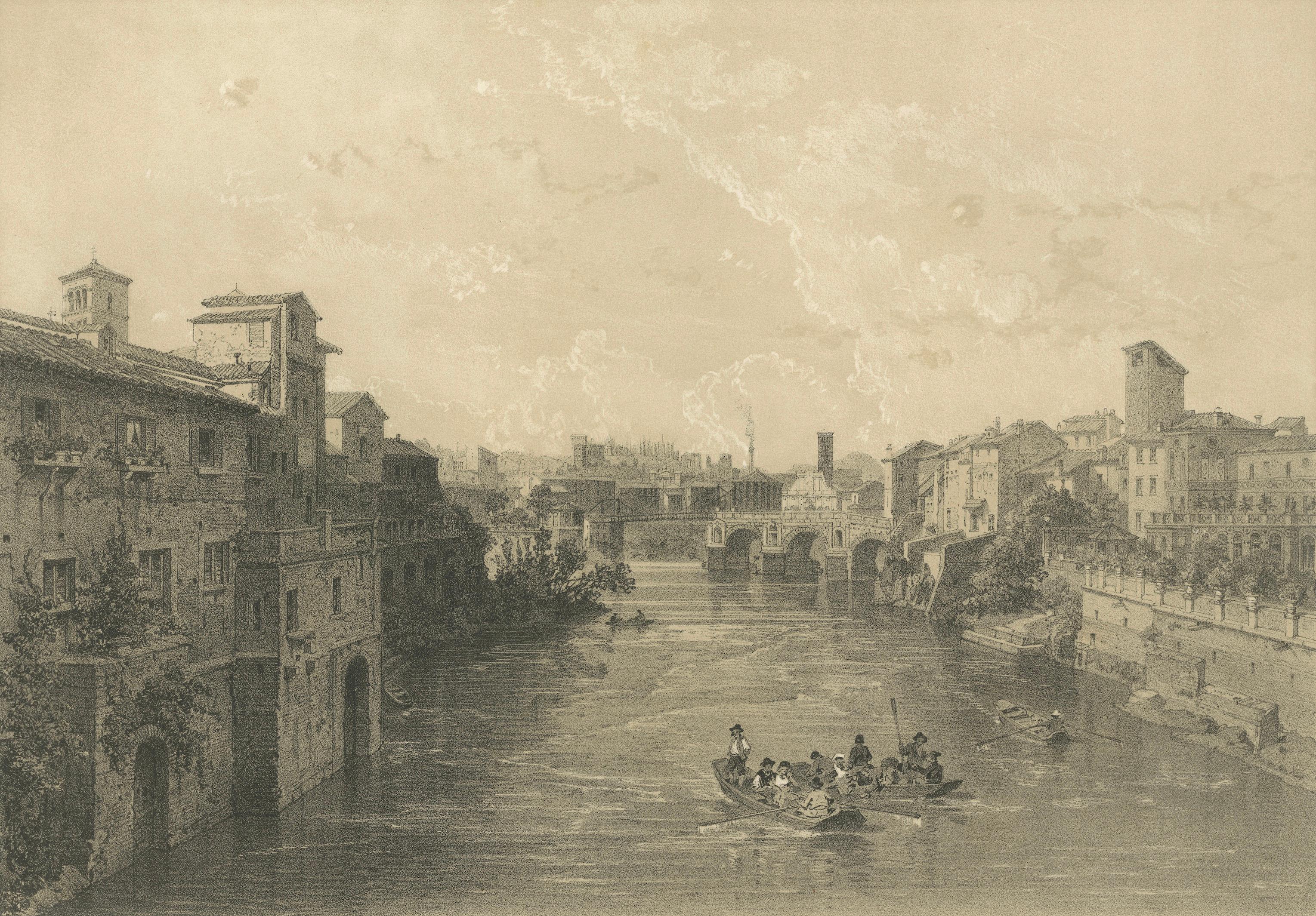 Tiber River & Ponte Rotto, Rome – Antique Atmospheric City Print, 1869